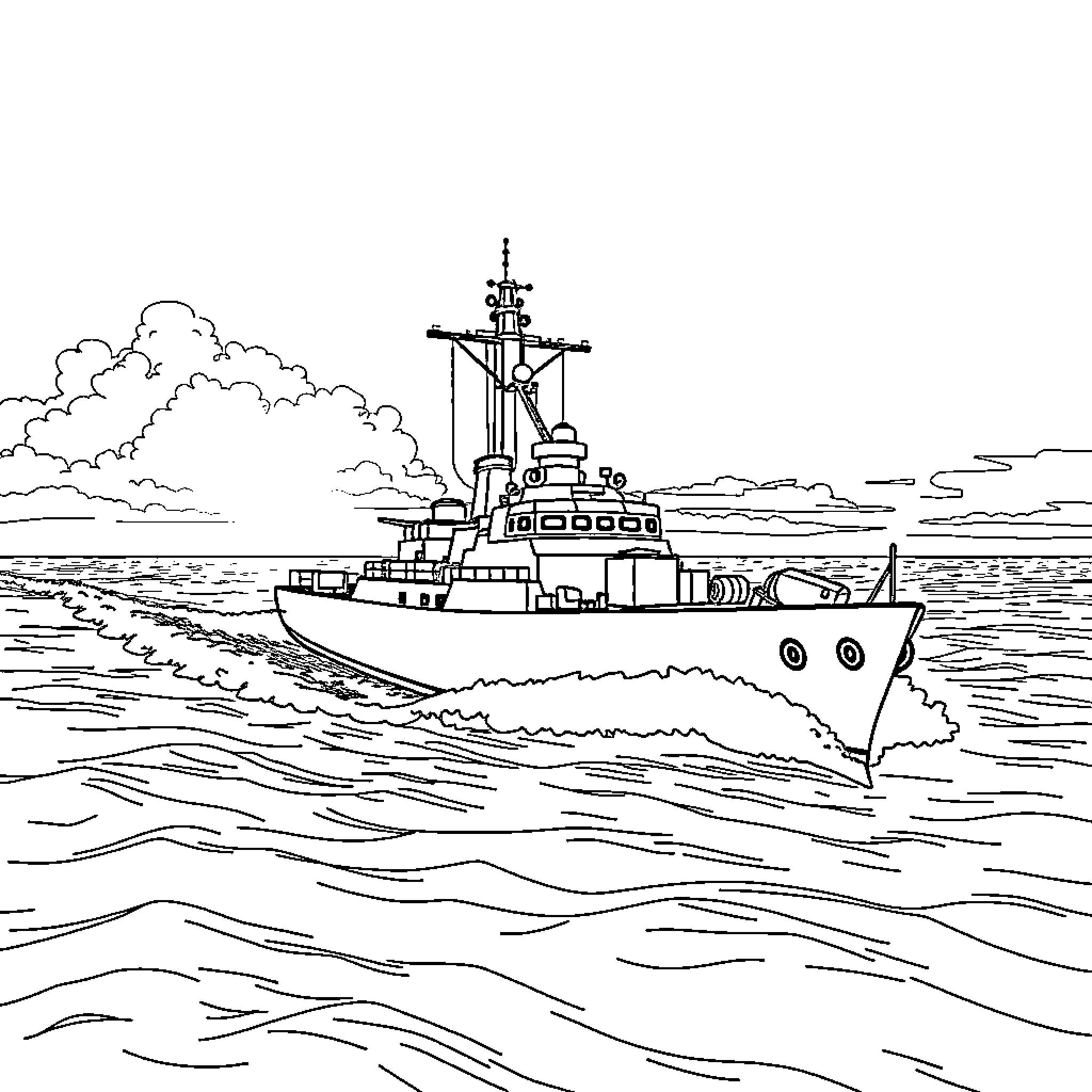 Destroyer Patrolling the High Seas Coloring Page (free black-and-white line drawing printable PDF for all, from beginners to advanced learners, including children, teens, adults, and seniors)