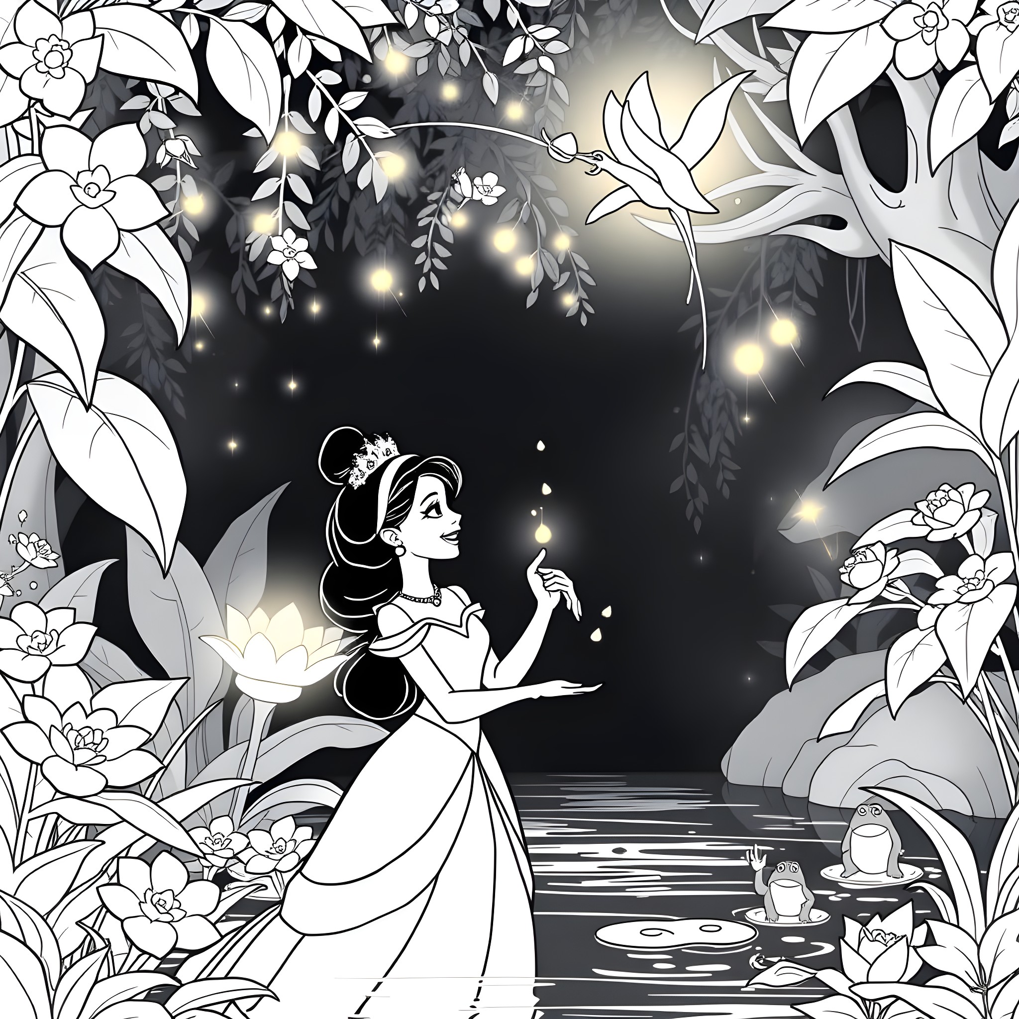 Tiana's Magical Floral Encounter Coloring Page (free black-and-white line drawing printable PDF for all, from beginners to advanced learners, including children, teens, adults, and seniors)