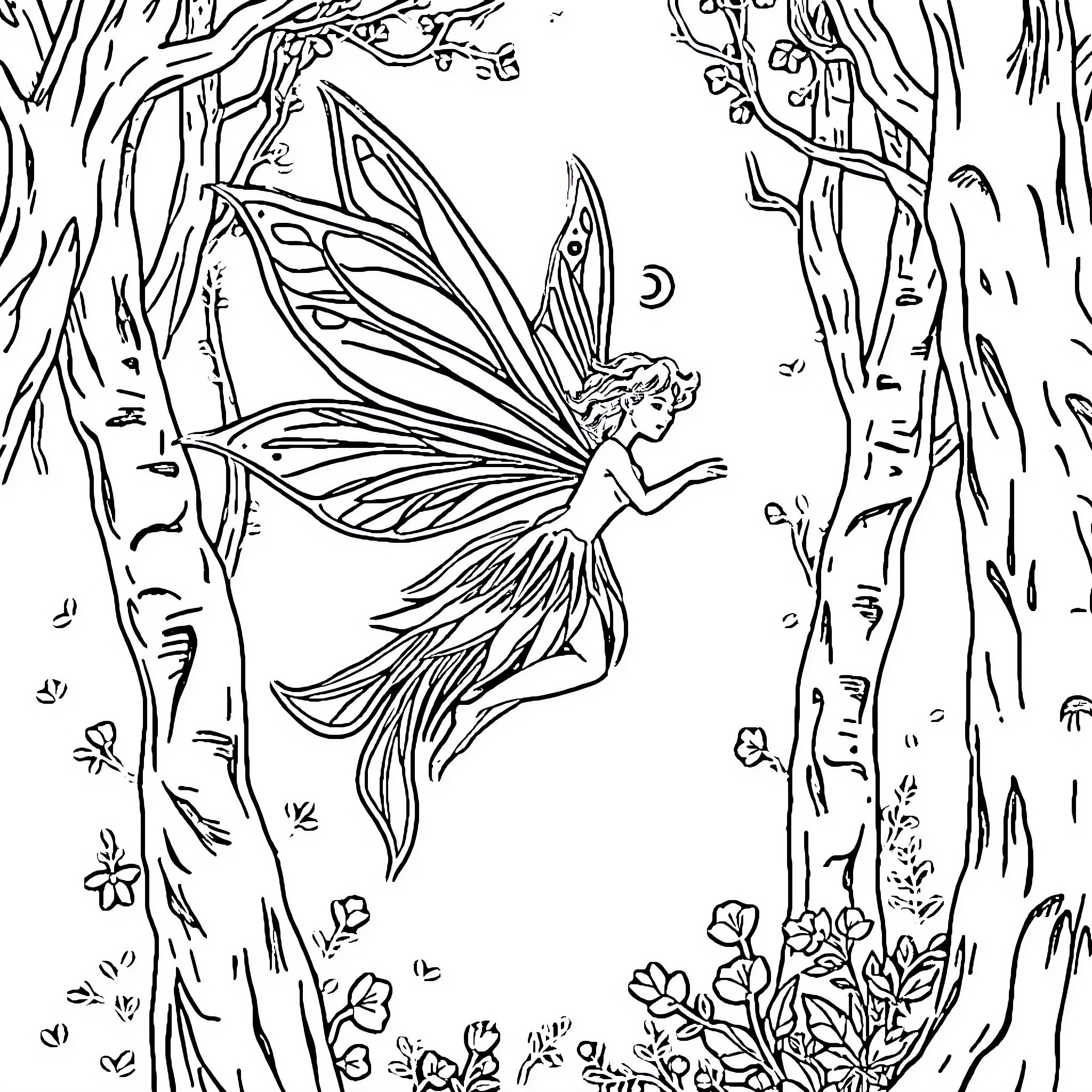 Fairy dances gracefully in enchanted woodland Coloring Page (free black-and-white line drawing printable PDF for all, from beginners to advanced learners, including children, teens, adults, and seniors)