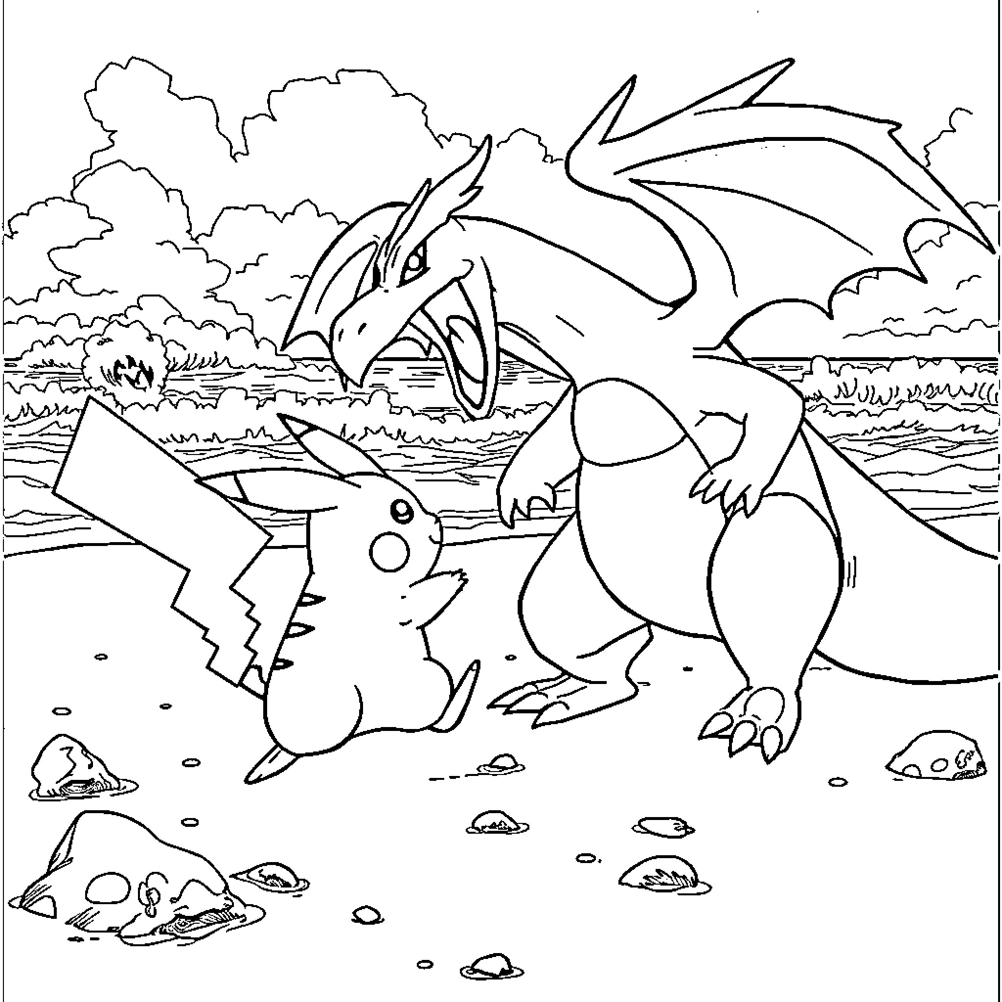 Pikachu playing with a dragon-like creature in the nature Coloring Page (free black-and-white line drawing printable PDF for all, from beginners to advanced learners, including children, teens, adults, and seniors)