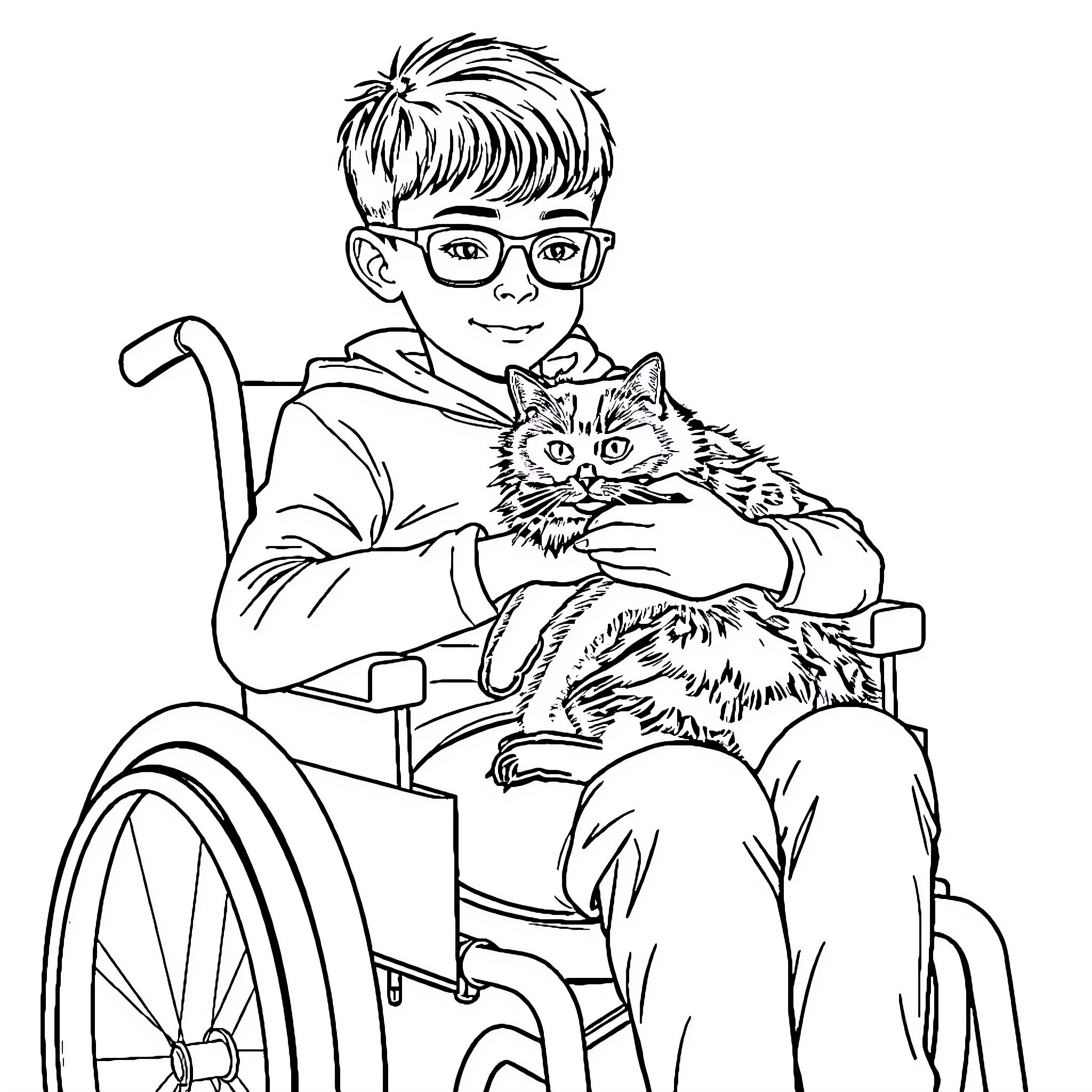 Boy in wheelchair comforts his pet cat Coloring Page (free black-and-white line drawing printable PDF for all, from beginners to advanced learners, including children, teens, adults, and seniors)
