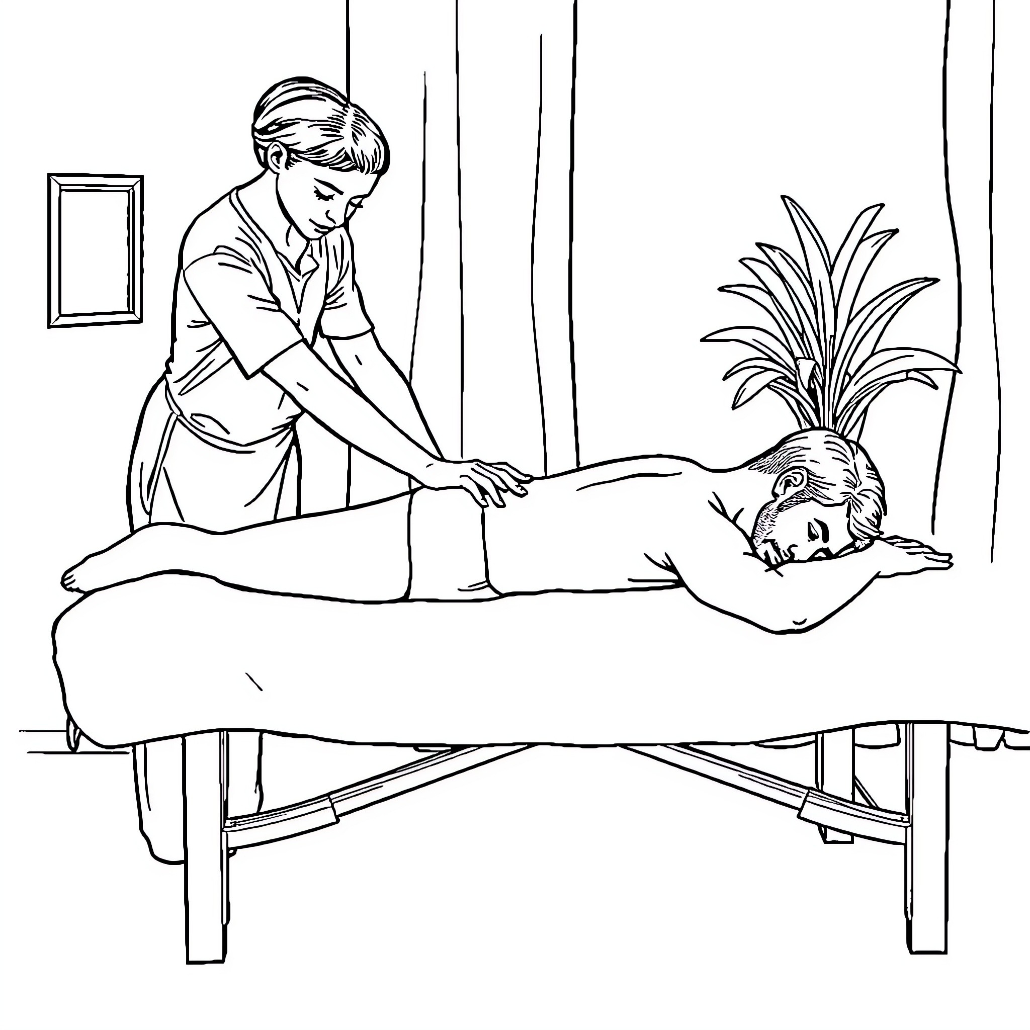 Man receiving massage treatment from therapist Coloring Page (free black-and-white line drawing printable PDF for all, from beginners to advanced learners, including children, teens, adults, and seniors)