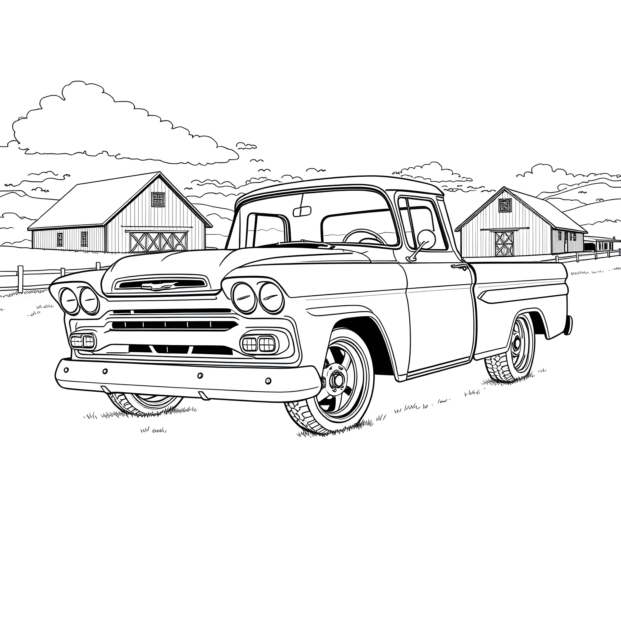 Chevy vintage truck in country landscape Coloring Page (free black-and-white line drawing printable PDF for all, from beginners to advanced learners, including children, teens, adults, and seniors)
