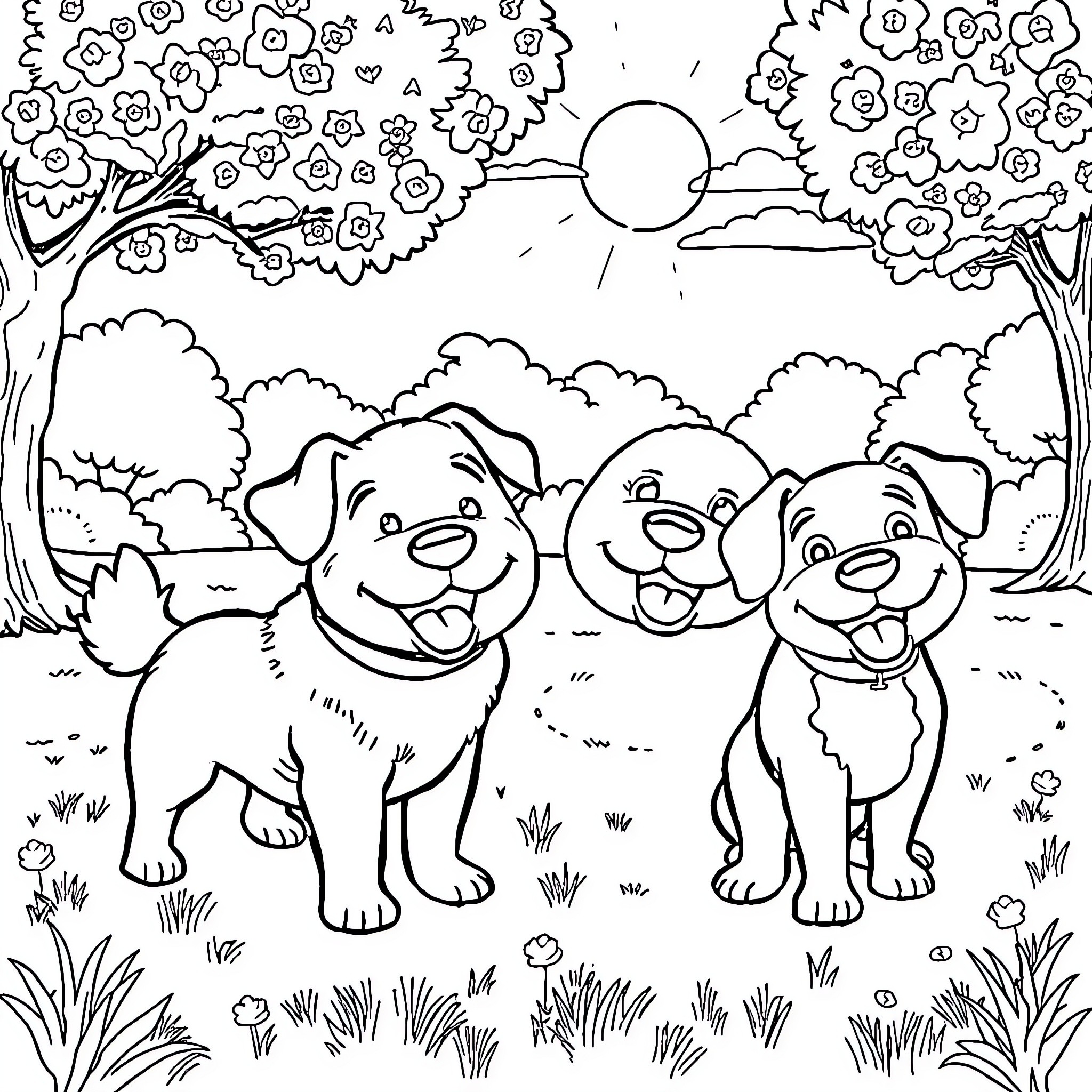Dog Friends Playing in the Meadow Coloring Page (free black-and-white line drawing printable PDF for all, from beginners to advanced learners, including children, teens, adults, and seniors)