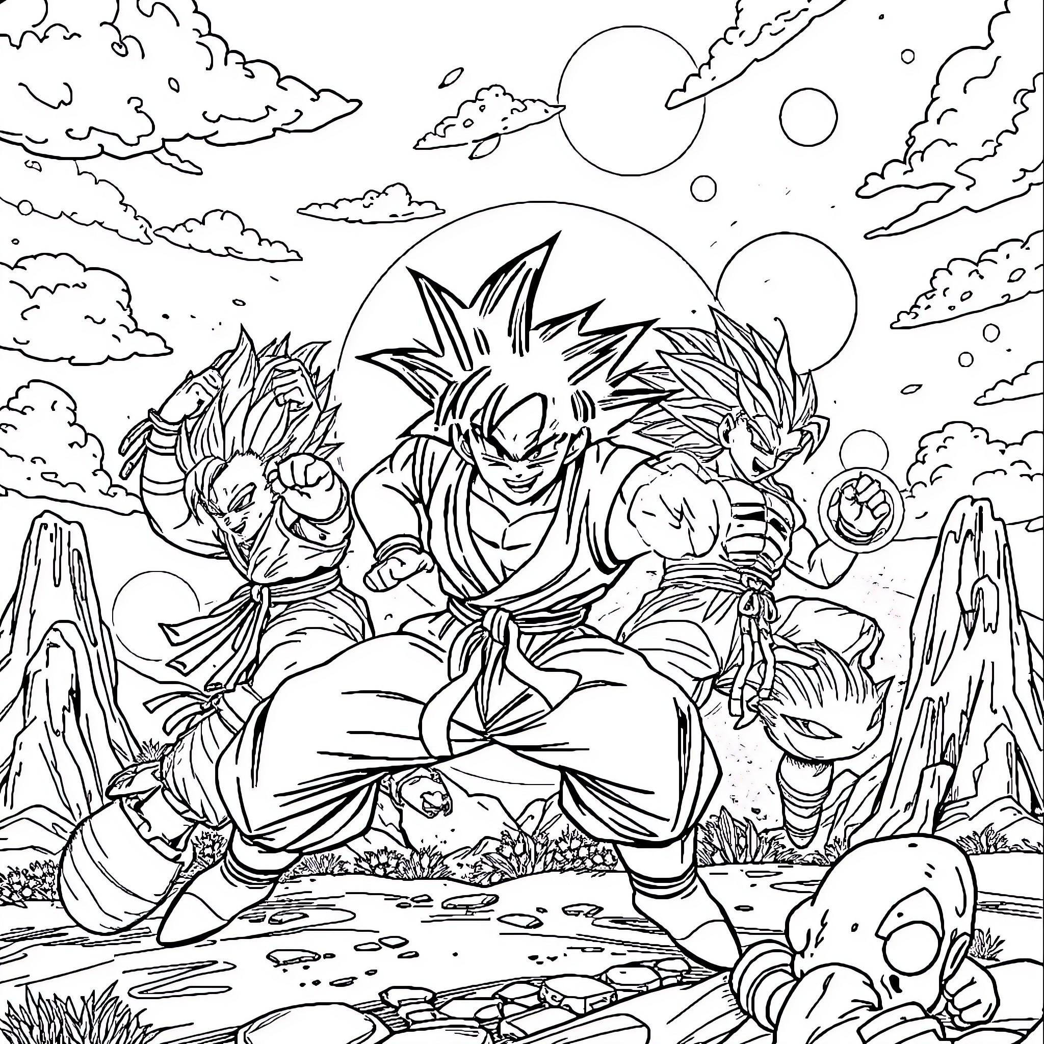 Dbz Anime Characters in Epic Landscape Coloring Page (free black-and-white line drawing printable PDF for all, from beginners to advanced learners, including children, teens, adults, and seniors)