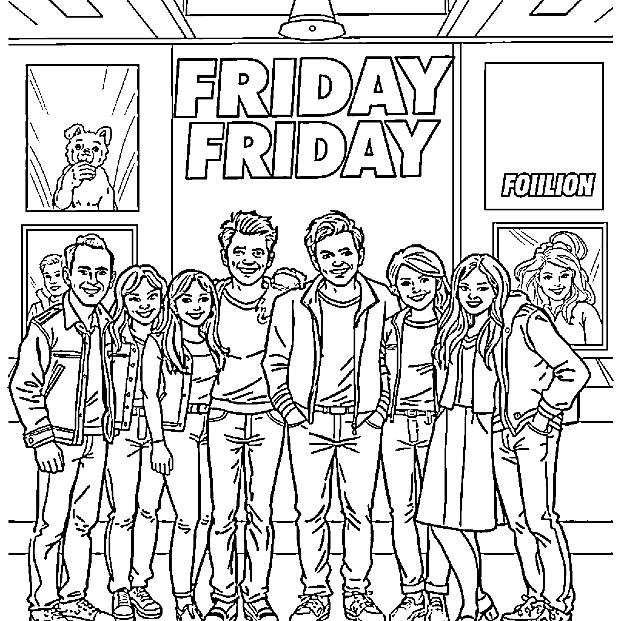 Friday group posing for a photo Coloring Page (free black-and-white line drawing printable PDF for all, from beginners to advanced learners, including children, teens, adults, and seniors)