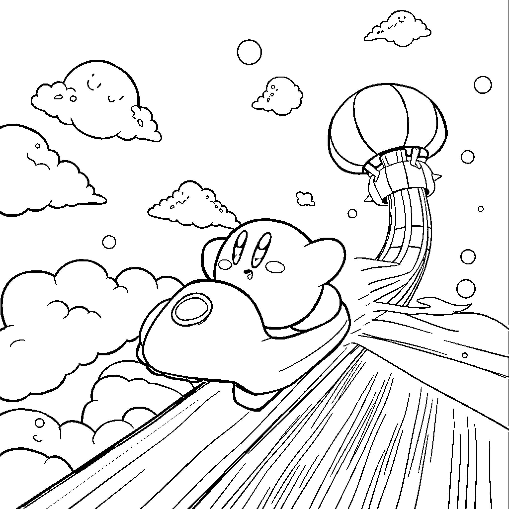 Kirby exploring the sky and clouds Coloring Page (free black-and-white line drawing printable PDF for all, from beginners to advanced learners, including children, teens, adults, and seniors)