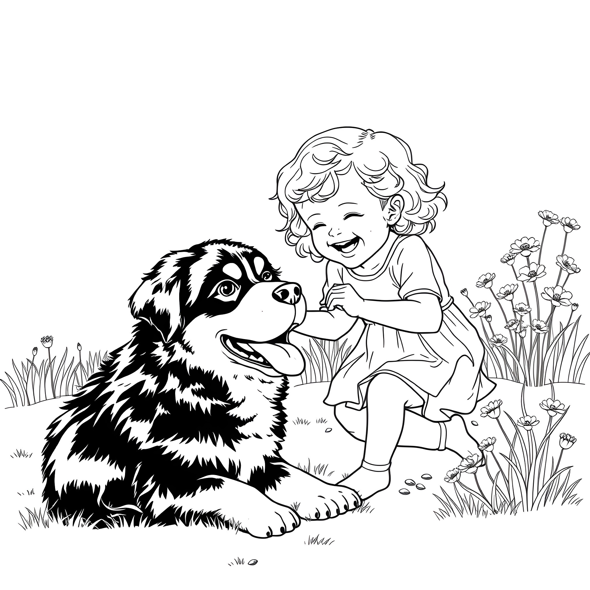 Girl playing joyfully with her dog in a garden Coloring Page (free black-and-white line drawing printable PDF for all, from beginners to advanced learners, including children, teens, adults, and seniors)