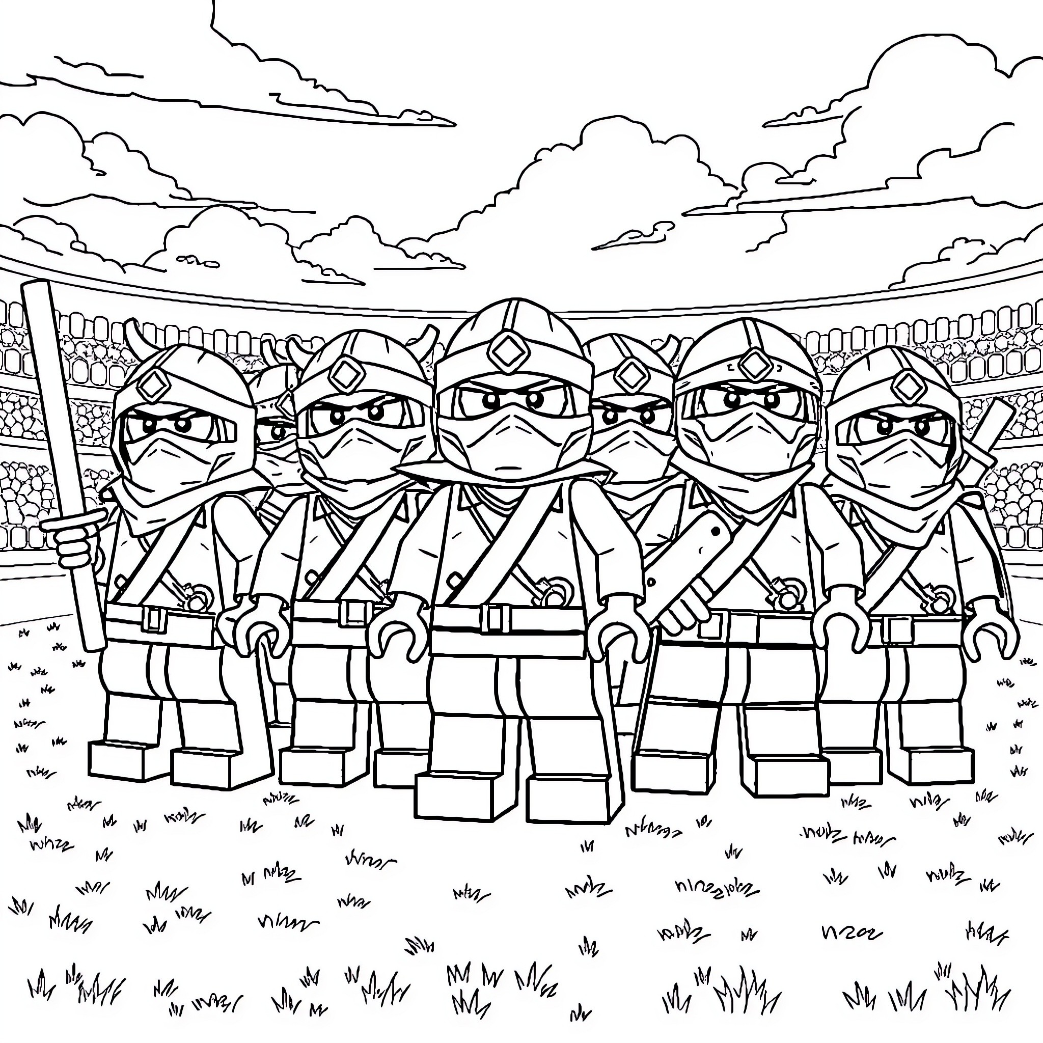 Ninjago Warriors in Action on the Battlefield Coloring Page (free black-and-white line drawing printable PDF for all, from beginners to advanced learners, including children, teens, adults, and seniors)