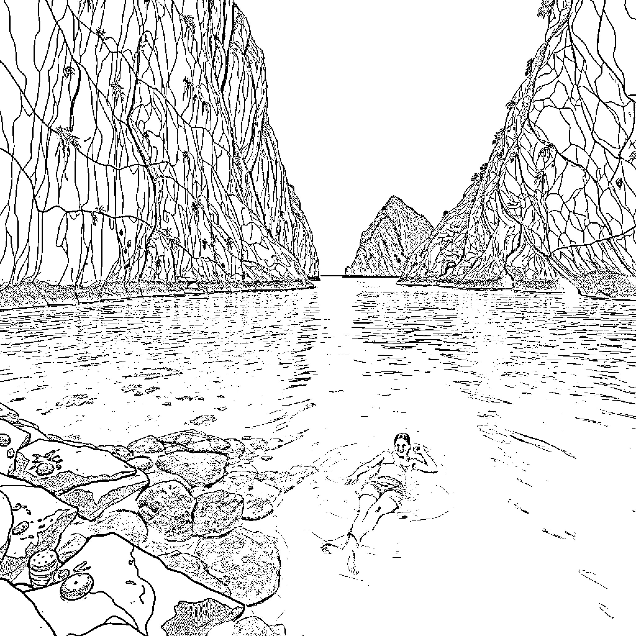 Swimmer exploring rocky cliffs by the sea Coloring Page (free black-and-white line drawing printable PDF for all, from beginners to advanced learners, including children, teens, adults, and seniors)