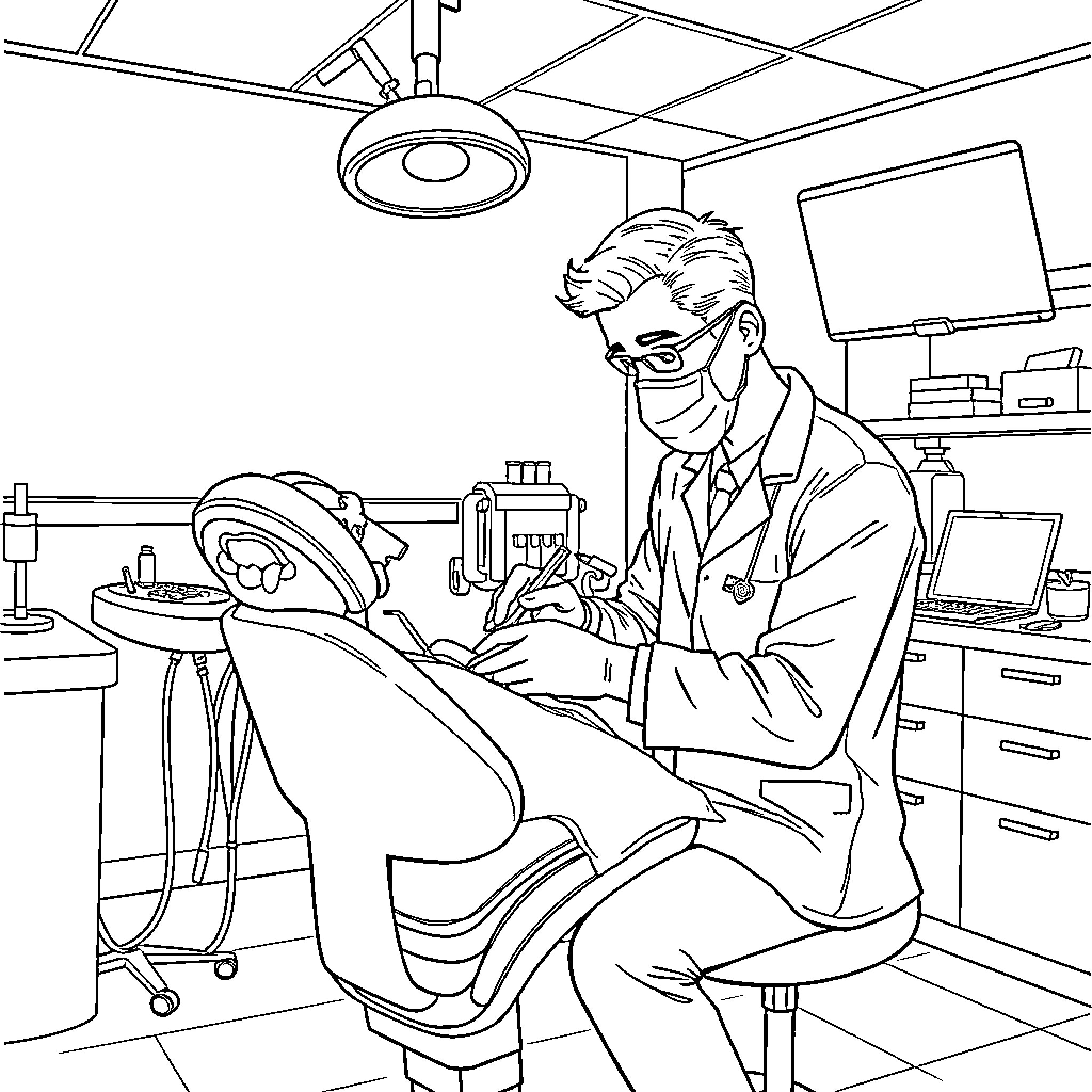 Dentist performing dental procedure in office Coloring Page (free black-and-white line drawing printable PDF for all, from beginners to advanced learners, including children, teens, adults, and seniors)