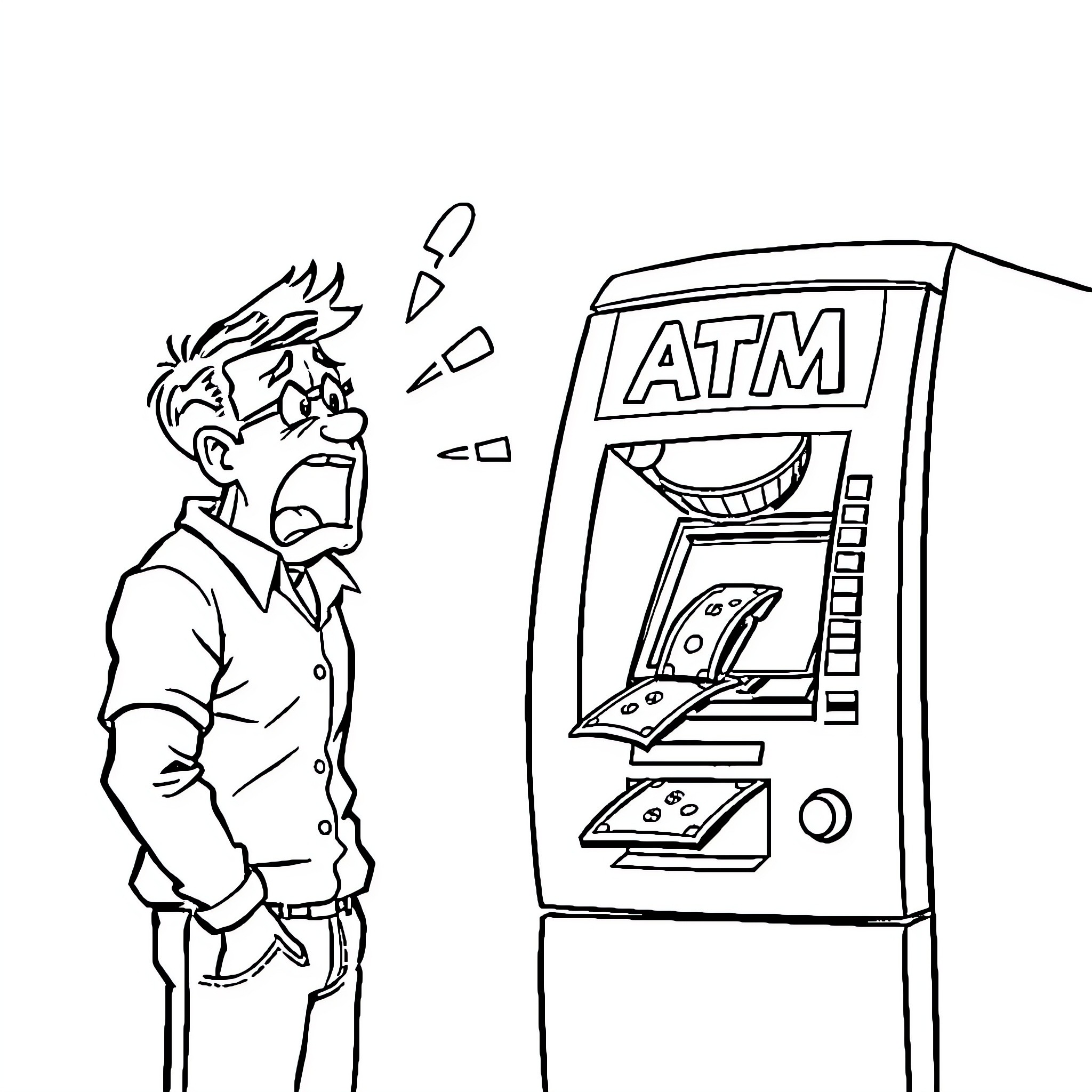 ATM Troubles: Businessman Confronts Malfunctioning Machine Coloring Page (free black-and-white line drawing printable PDF for all, from beginners to advanced learners, including children, teens, adults, and seniors)