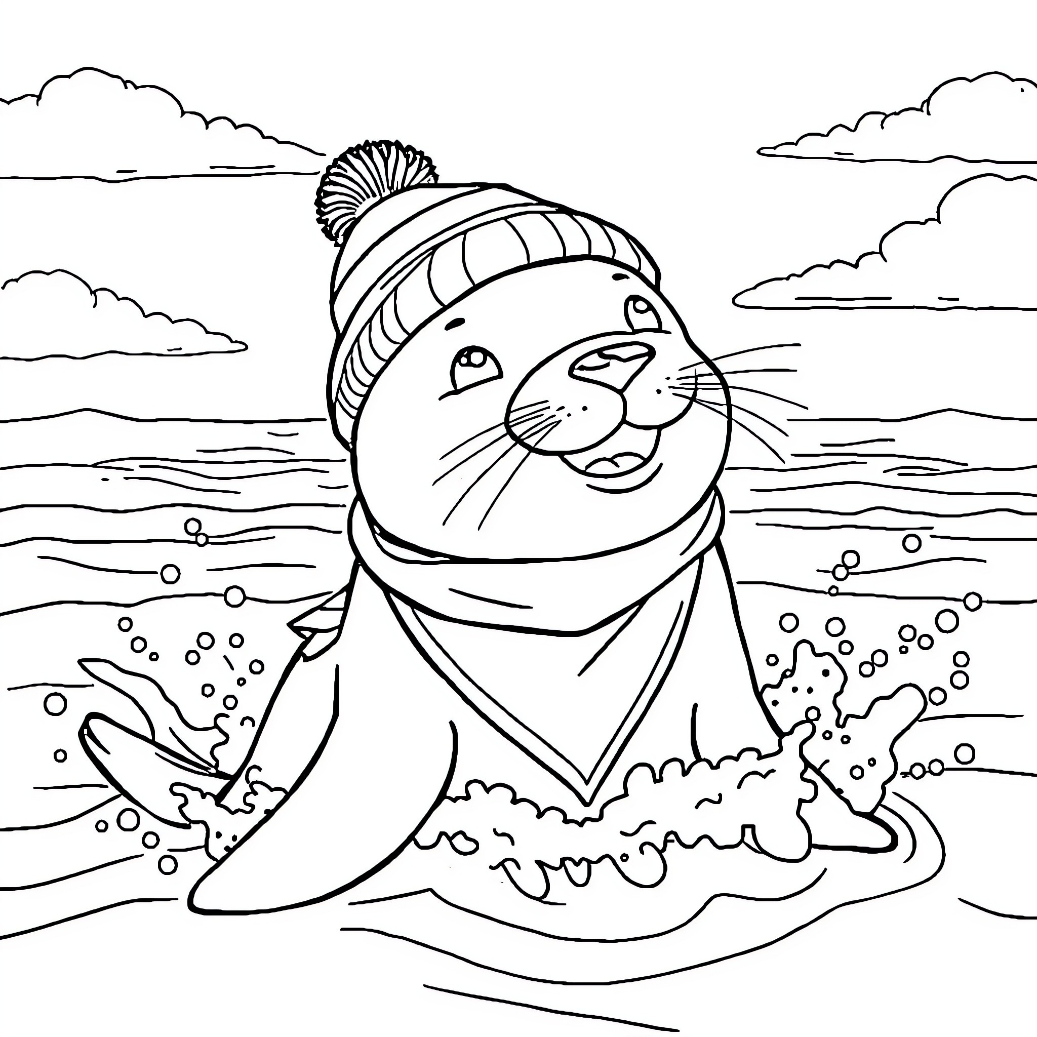 Seal enjoying a winter day in the snow Coloring Page (free black-and-white line drawing printable PDF for all, from beginners to advanced learners, including children, teens, adults, and seniors)