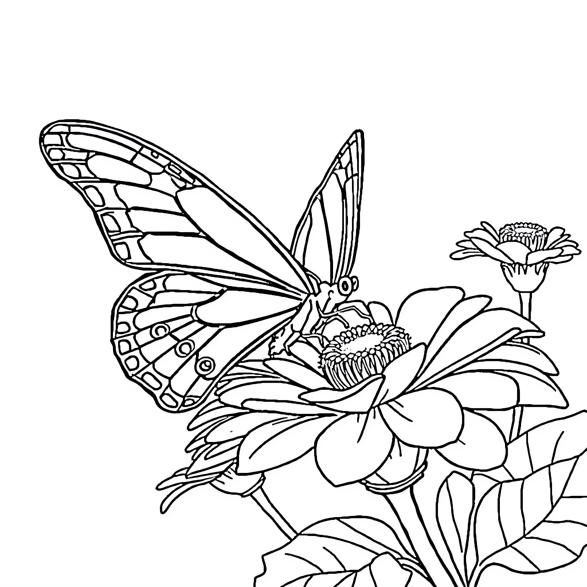 Butterfly resting on vibrant flower Coloring Page (free black-and-white line drawing printable PDF for all, from beginners to advanced learners, including children, teens, adults, and seniors)