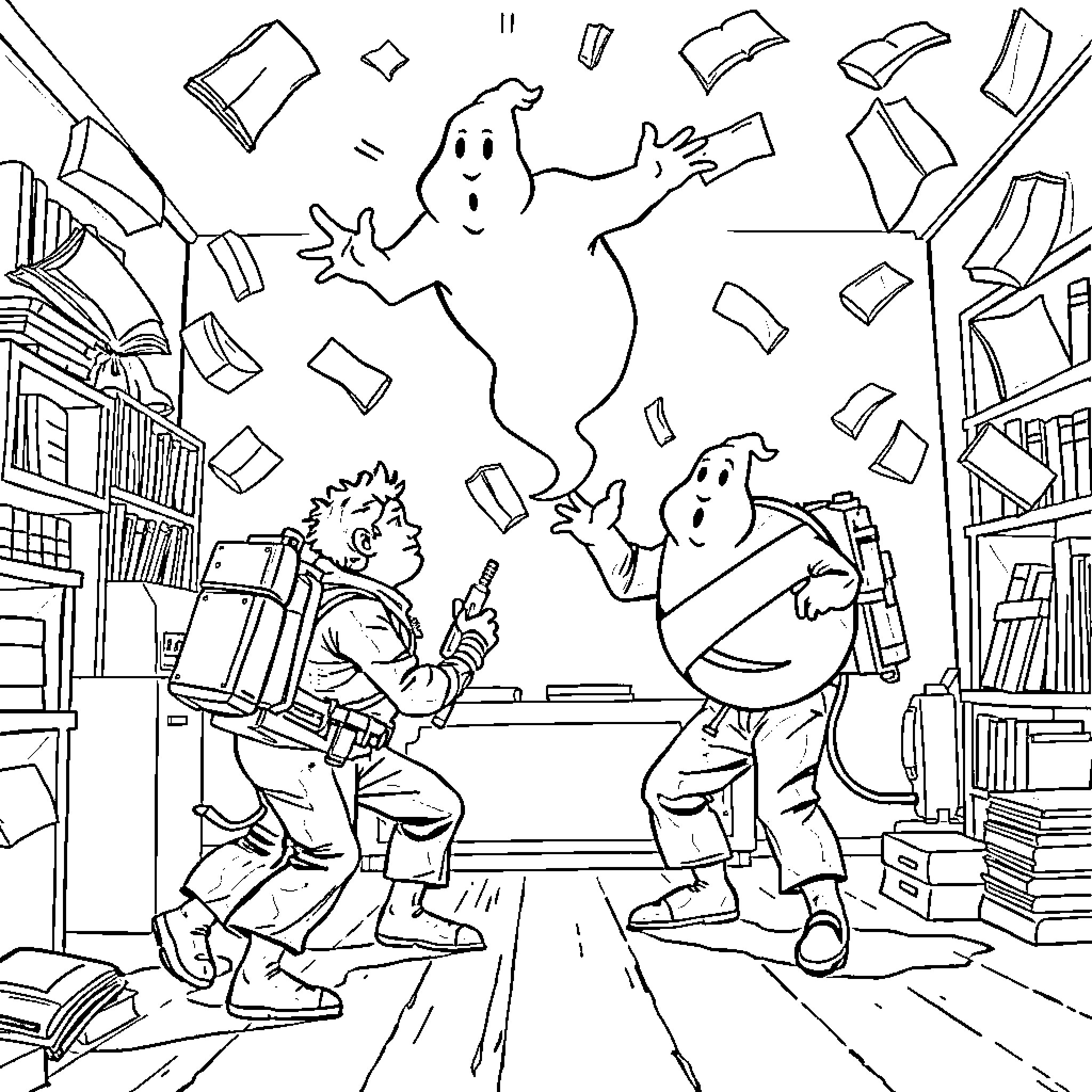Ghostbusters summoning spirits in a library Coloring Page (free black-and-white line drawing printable PDF for all, from beginners to advanced learners, including children, teens, adults, and seniors)
