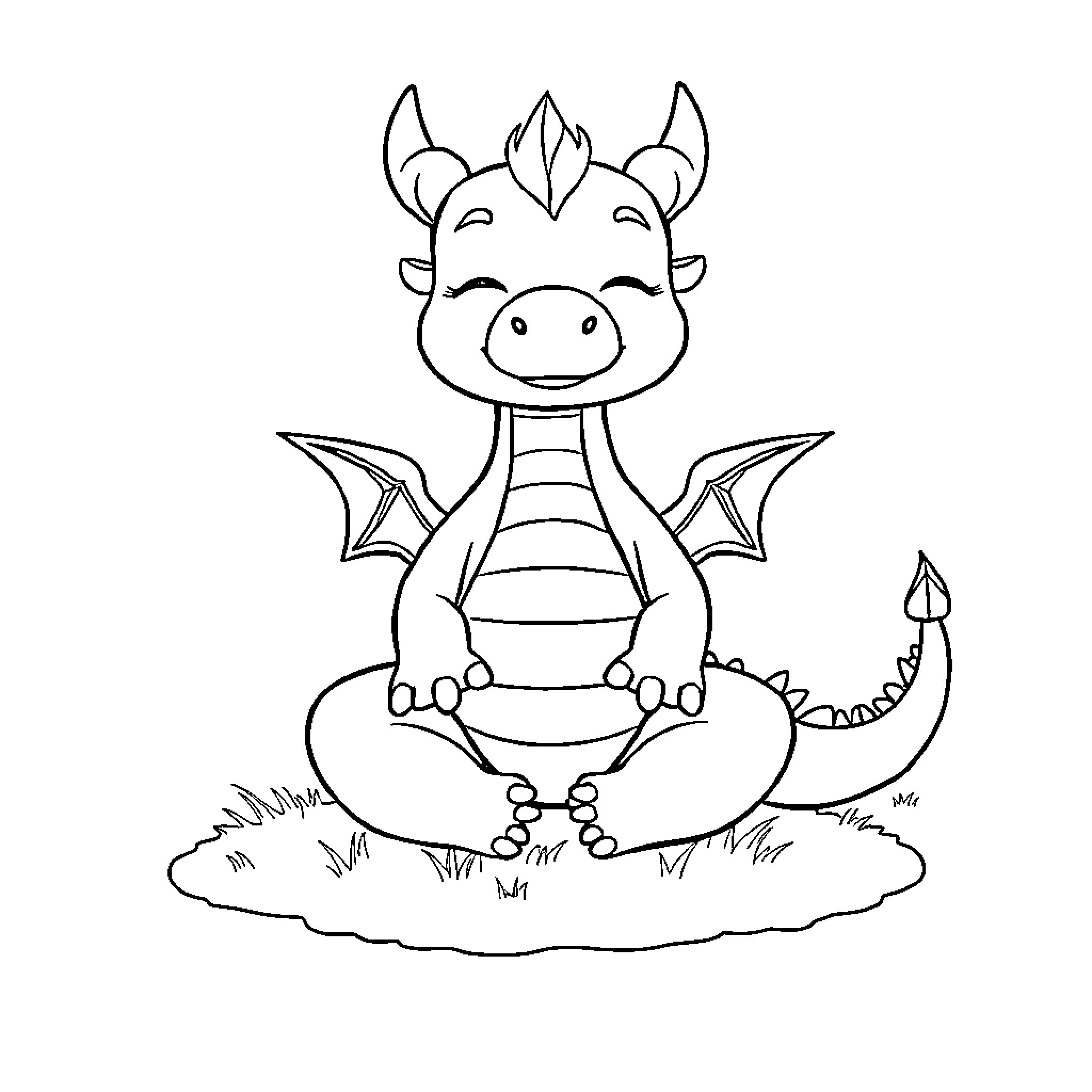 Dragon resting peacefully in the meadow Coloring Page (free black-and-white line drawing printable PDF for all, from beginners to advanced learners, including children, teens, adults, and seniors)