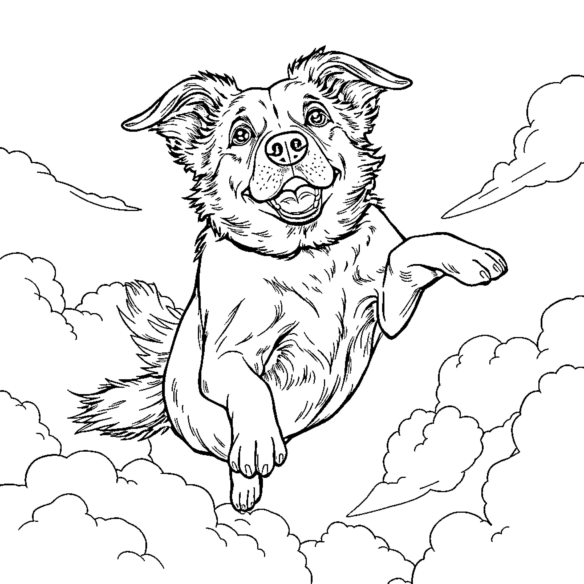 Dog jumping playfully through clouds Coloring Page (free black-and-white line drawing printable PDF for all, from beginners to advanced learners, including children, teens, adults, and seniors)