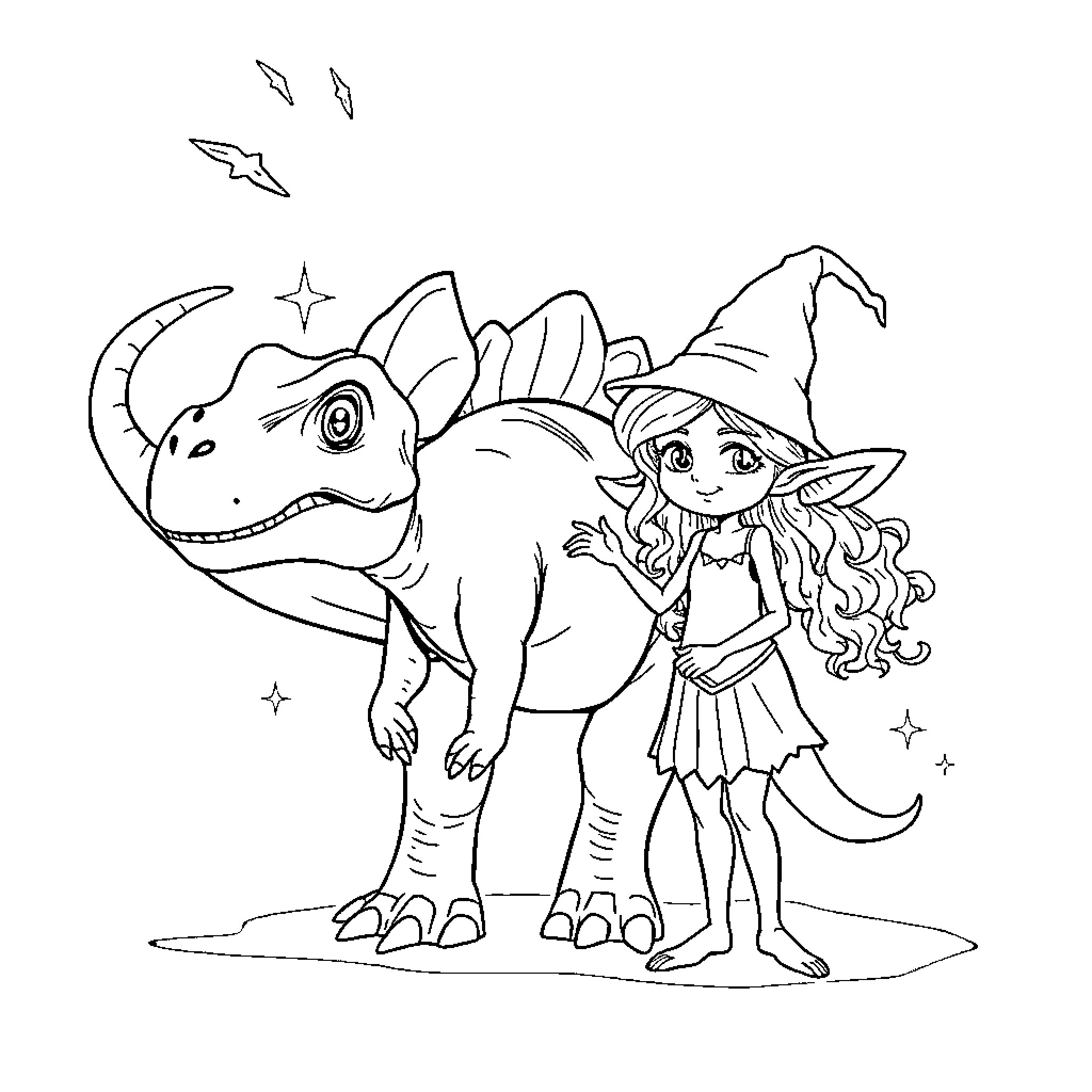 Parasaurolophus and young girl exploring together Coloring Page (free black-and-white line drawing printable PDF for all, from beginners to advanced learners, including children, teens, adults, and seniors)