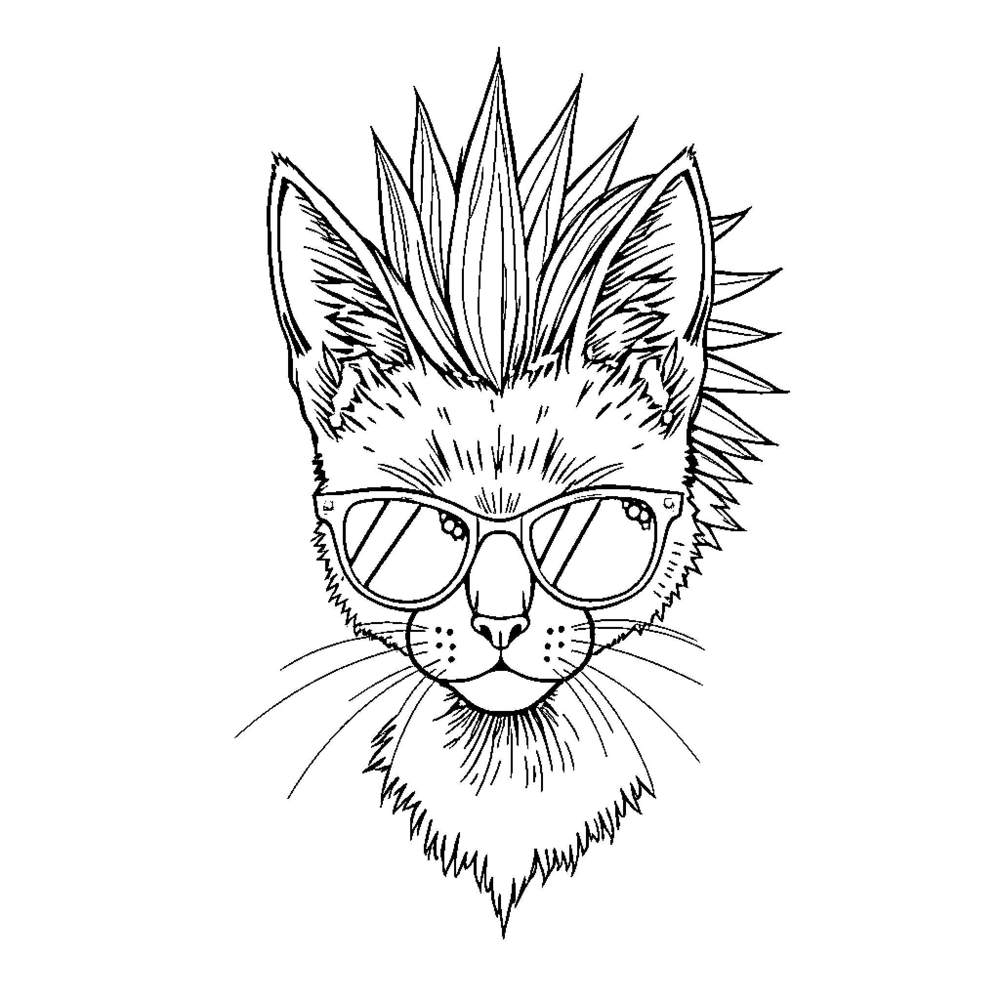 Cat with Spiked Fur Wearing Glasses Coloring Page (free black-and-white line drawing printable PDF for all, from beginners to advanced learners, including children, teens, adults, and seniors)