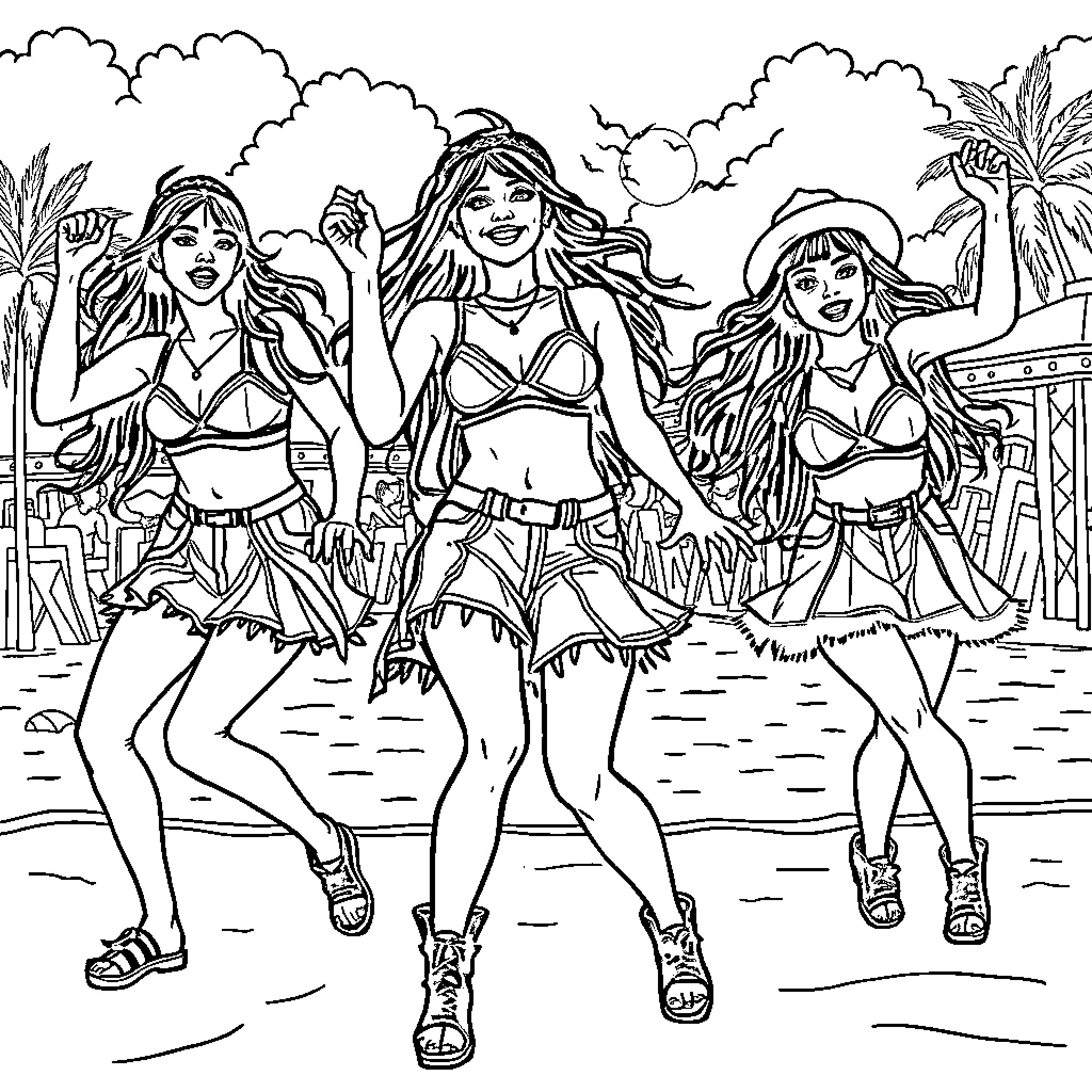 K-Pop Warriors Performing Lively Dance on Beach Coloring Page (free black-and-white line drawing printable PDF for all, from beginners to advanced learners, including children, teens, adults, and seniors)