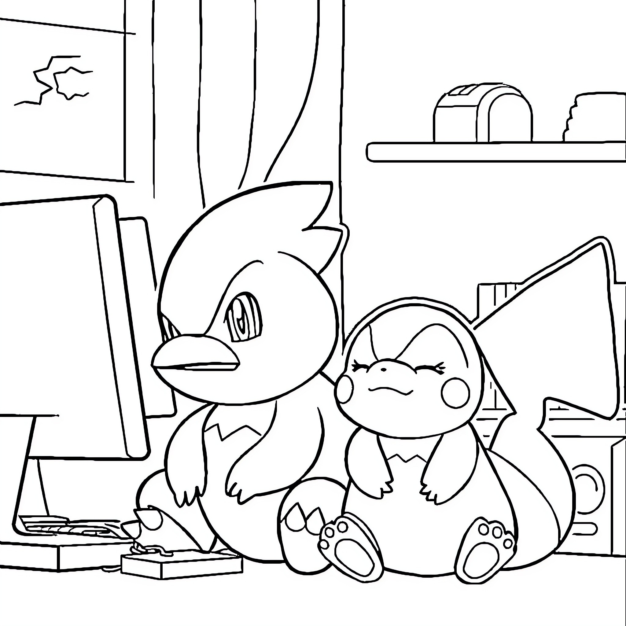 Cyndaquil and Totodile relaxing at home Coloring Page (free black-and-white line drawing printable PDF for all, from beginners to advanced learners, including children, teens, adults, and seniors)