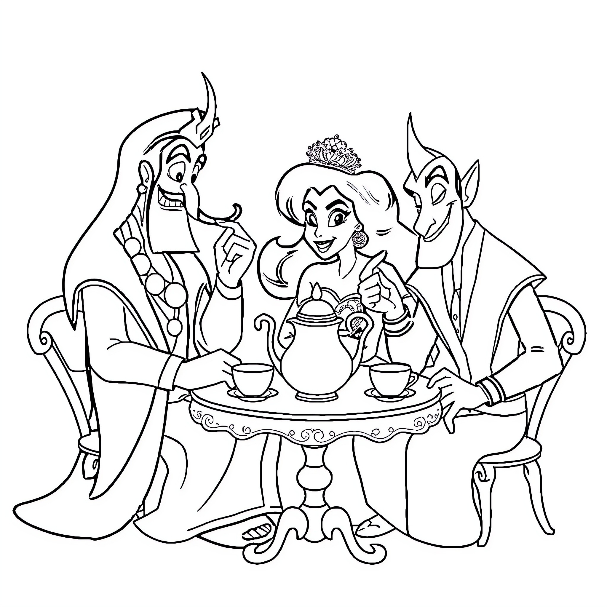 Villain characters enjoying tea time together Coloring Page (free black-and-white line drawing printable PDF for all, from beginners to advanced learners, including children, teens, adults, and seniors)