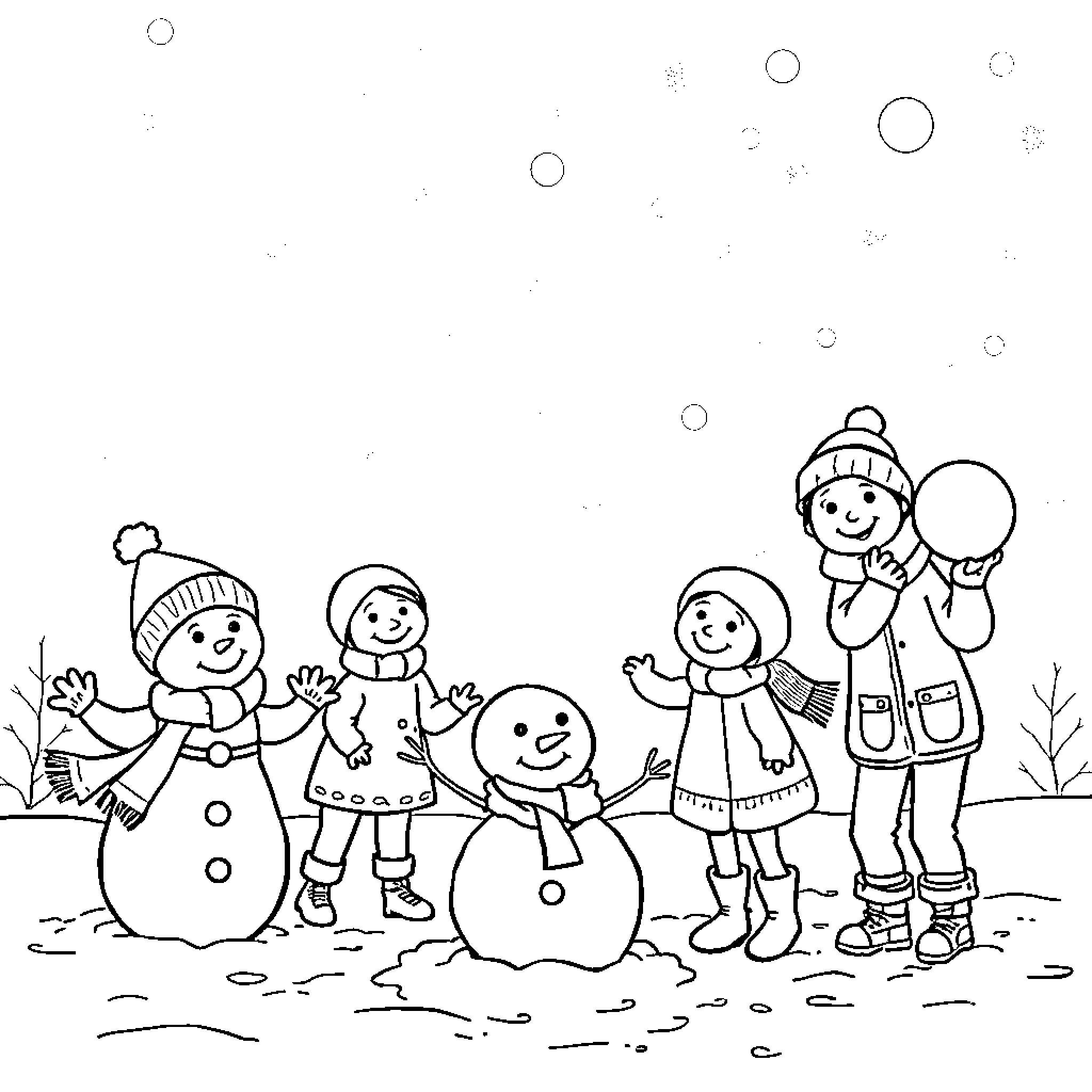 Family building snowman and playing in winter Coloring Page (free black-and-white line drawing printable PDF for all, from beginners to advanced learners, including children, teens, adults, and seniors)