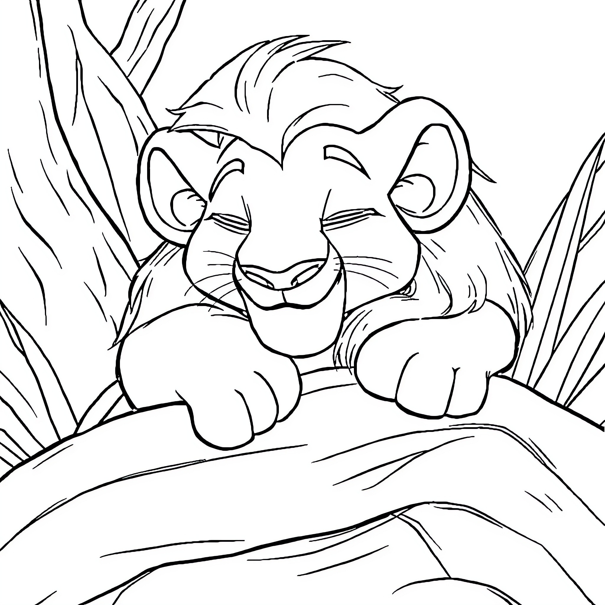 Furet the lion cub playing in the wilderness Coloring Page (free black-and-white line drawing printable PDF for all, from beginners to advanced learners, including children, teens, adults, and seniors)