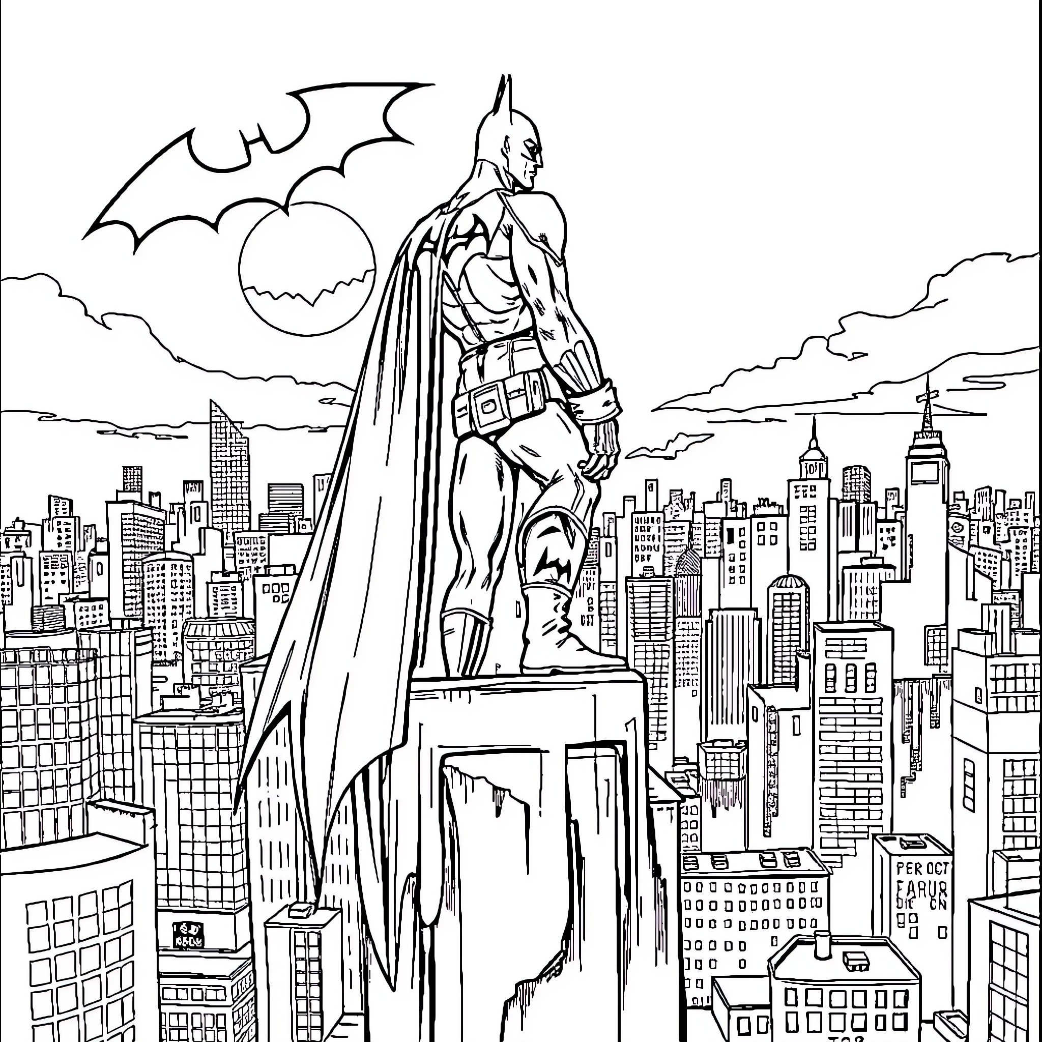 Batman standing tall on a city skyscraper Coloring Page (free black-and-white line drawing printable PDF for all, from beginners to advanced learners, including children, teens, adults, and seniors)