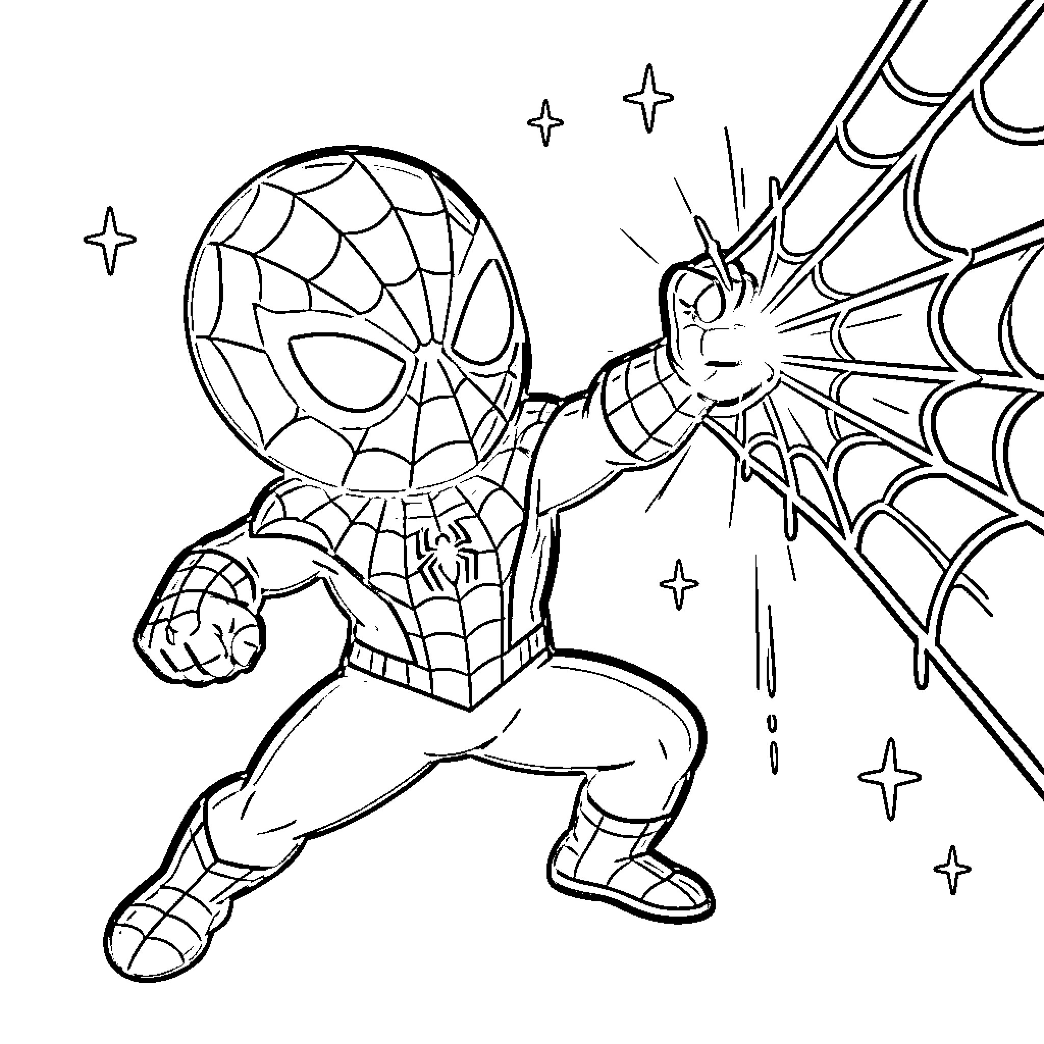 Spiderman swinging and shooting web in action Coloring Page (free black-and-white line drawing printable PDF for all, from beginners to advanced learners, including children, teens, adults, and seniors)