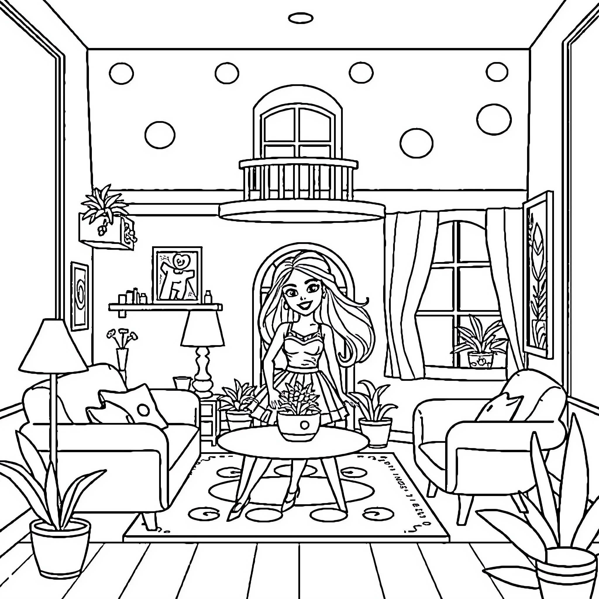Barbie enjoying cozy home decor and leisure Coloring Page (free black-and-white line drawing printable PDF for all, from beginners to advanced learners, including children, teens, adults, and seniors)