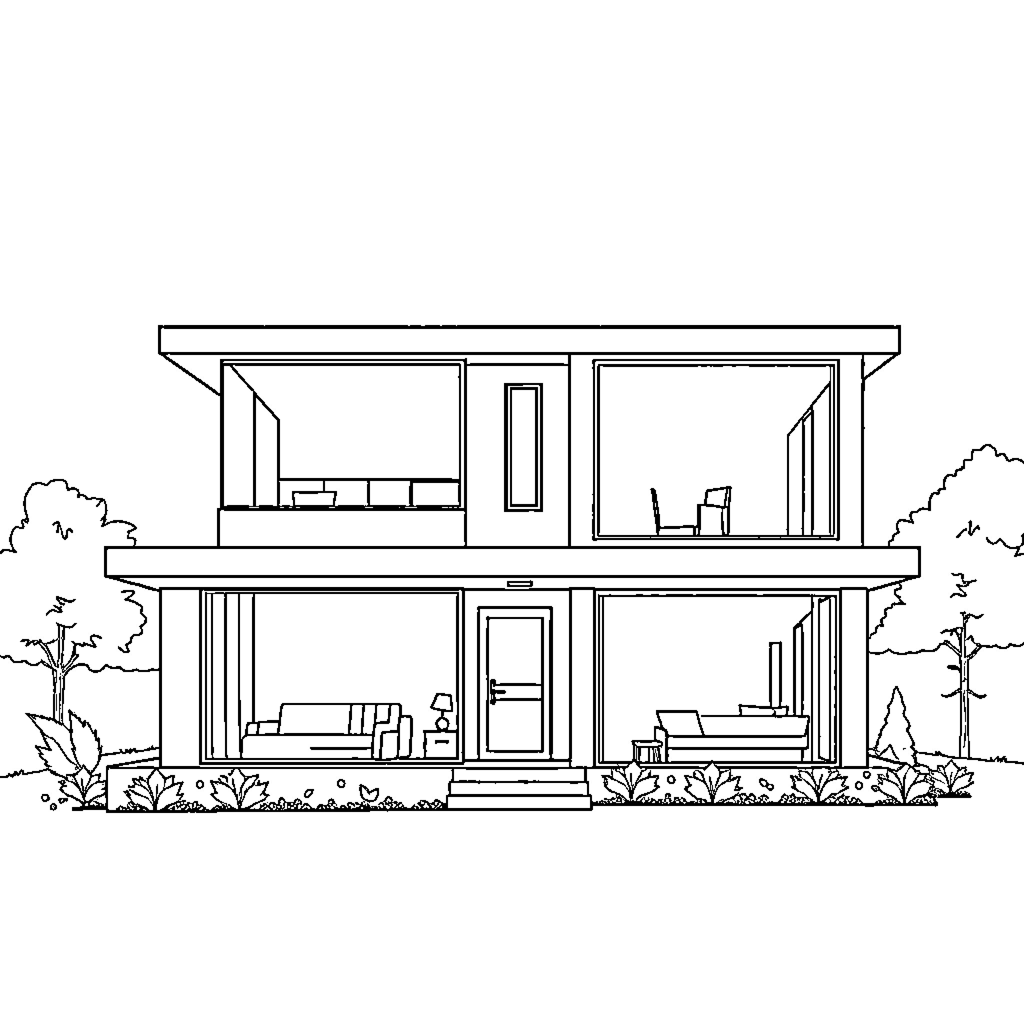 House with modern architectural design Coloring Page (free black-and-white line drawing printable PDF for all, from beginners to advanced learners, including children, teens, adults, and seniors)