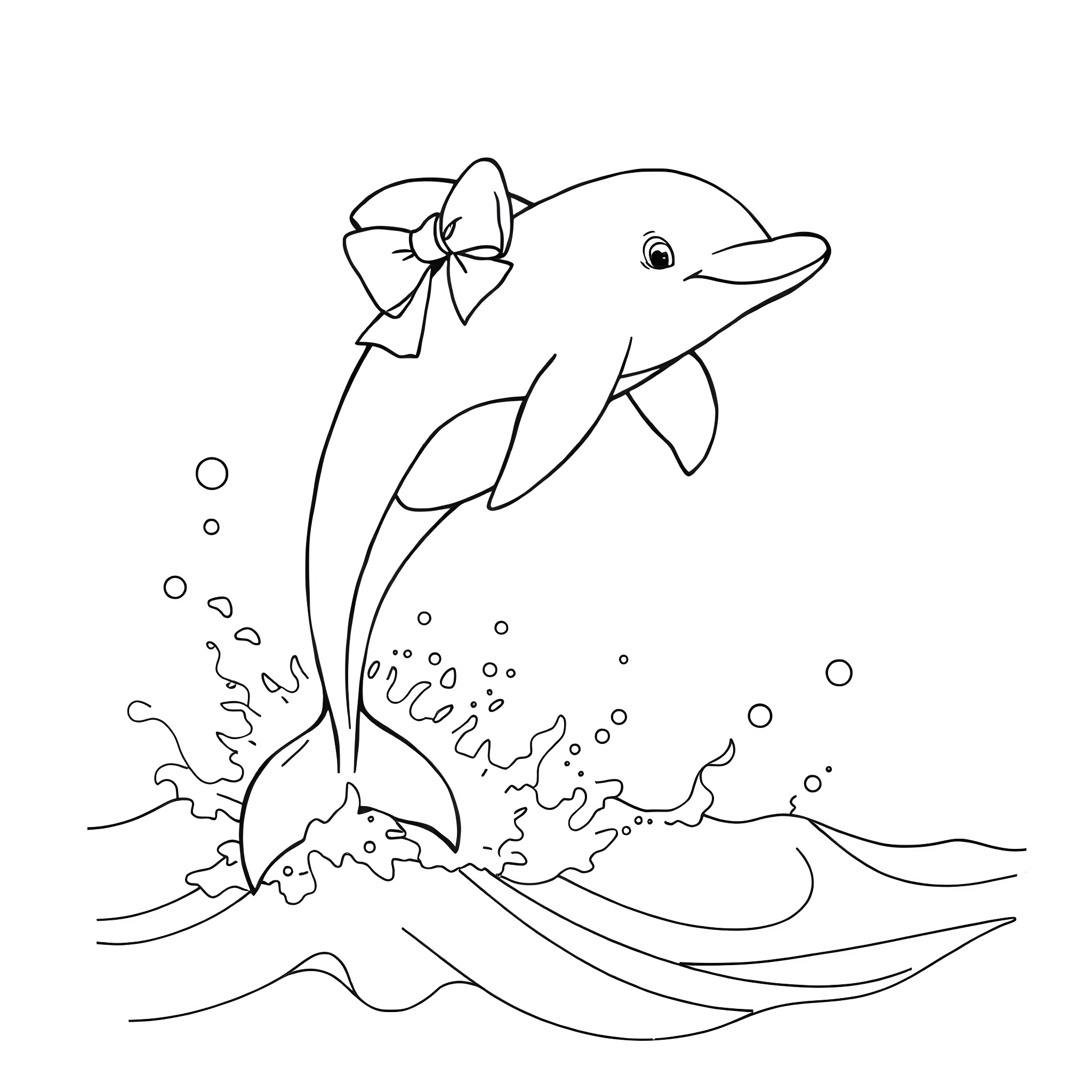 Dolphin jumping with a bow in the water Coloring Page (free black-and-white line drawing printable PDF for all, from beginners to advanced learners, including children, teens, adults, and seniors)