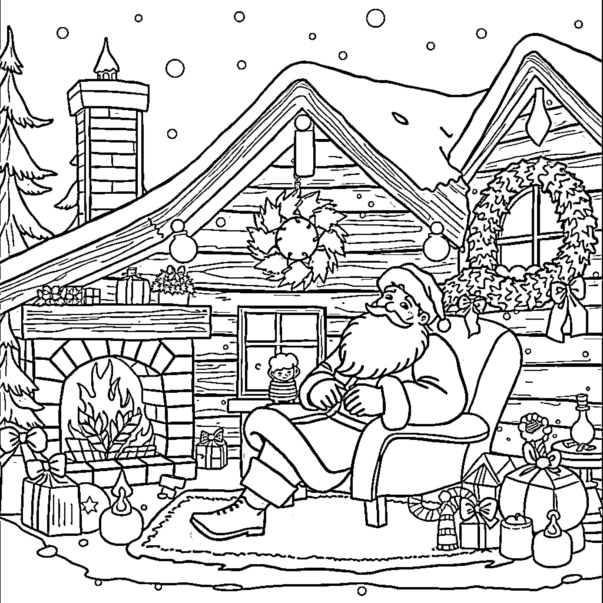 Santa Claus relaxing by the fireplace in a cozy winter cabin Coloring Page (free black-and-white line drawing printable PDF for all, from beginners to advanced learners, including children, teens, adults, and seniors)