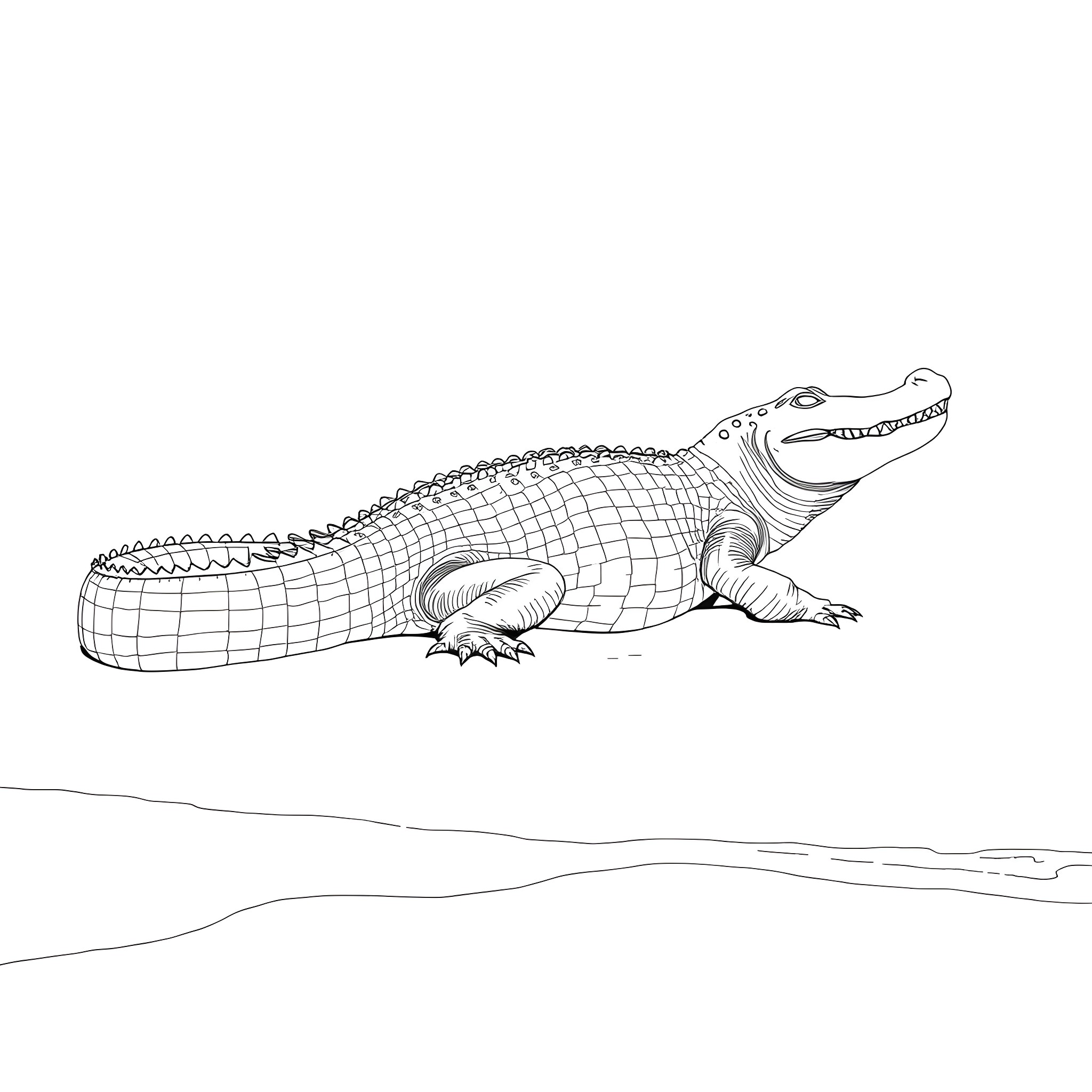 Crocodile resting on the shore Coloring Page (free black-and-white line drawing printable PDF for all, from beginners to advanced learners, including children, teens, adults, and seniors)