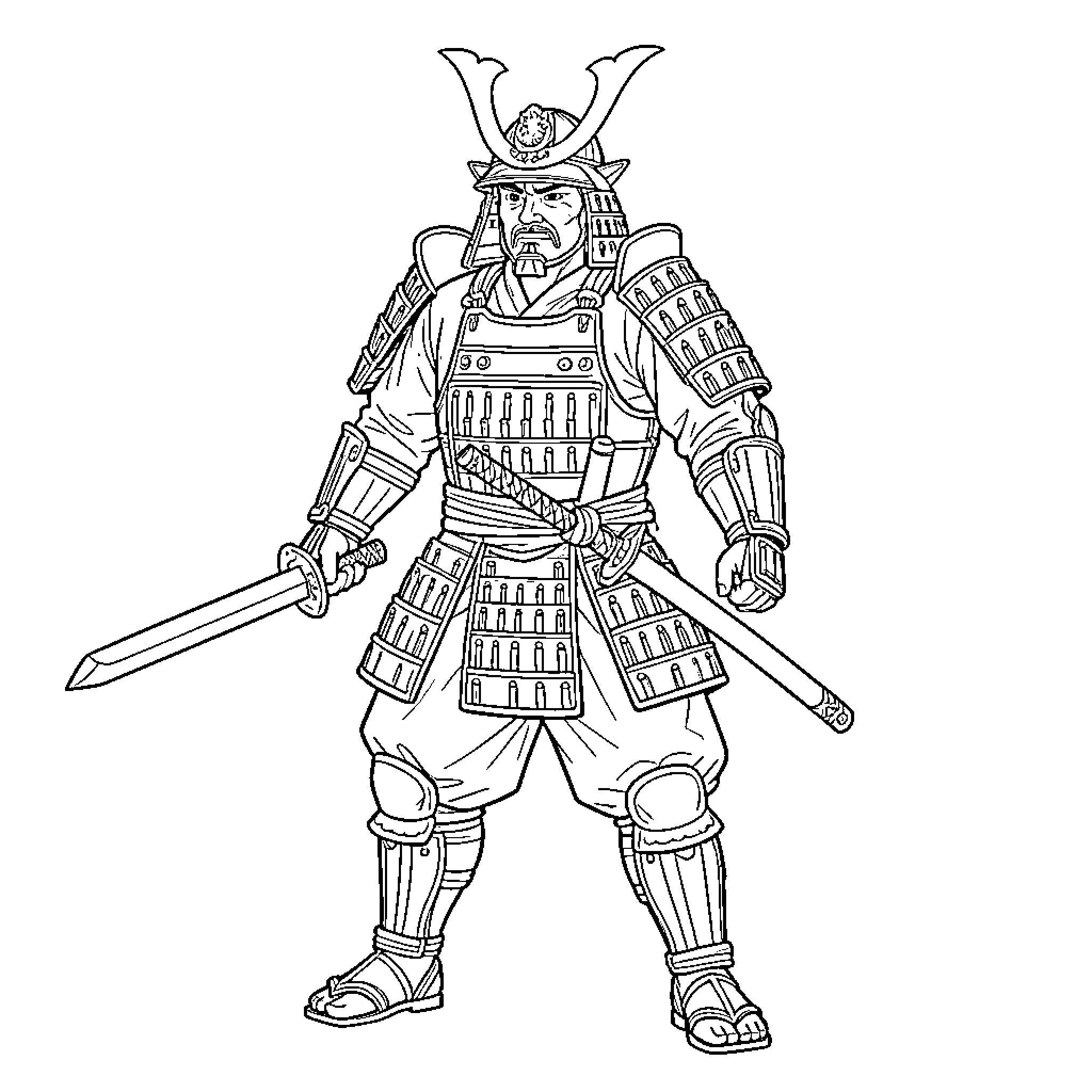 Samurai in traditional armor holding swords Coloring Page (free black-and-white line drawing printable PDF for all, from beginners to advanced learners, including children, teens, adults, and seniors)
