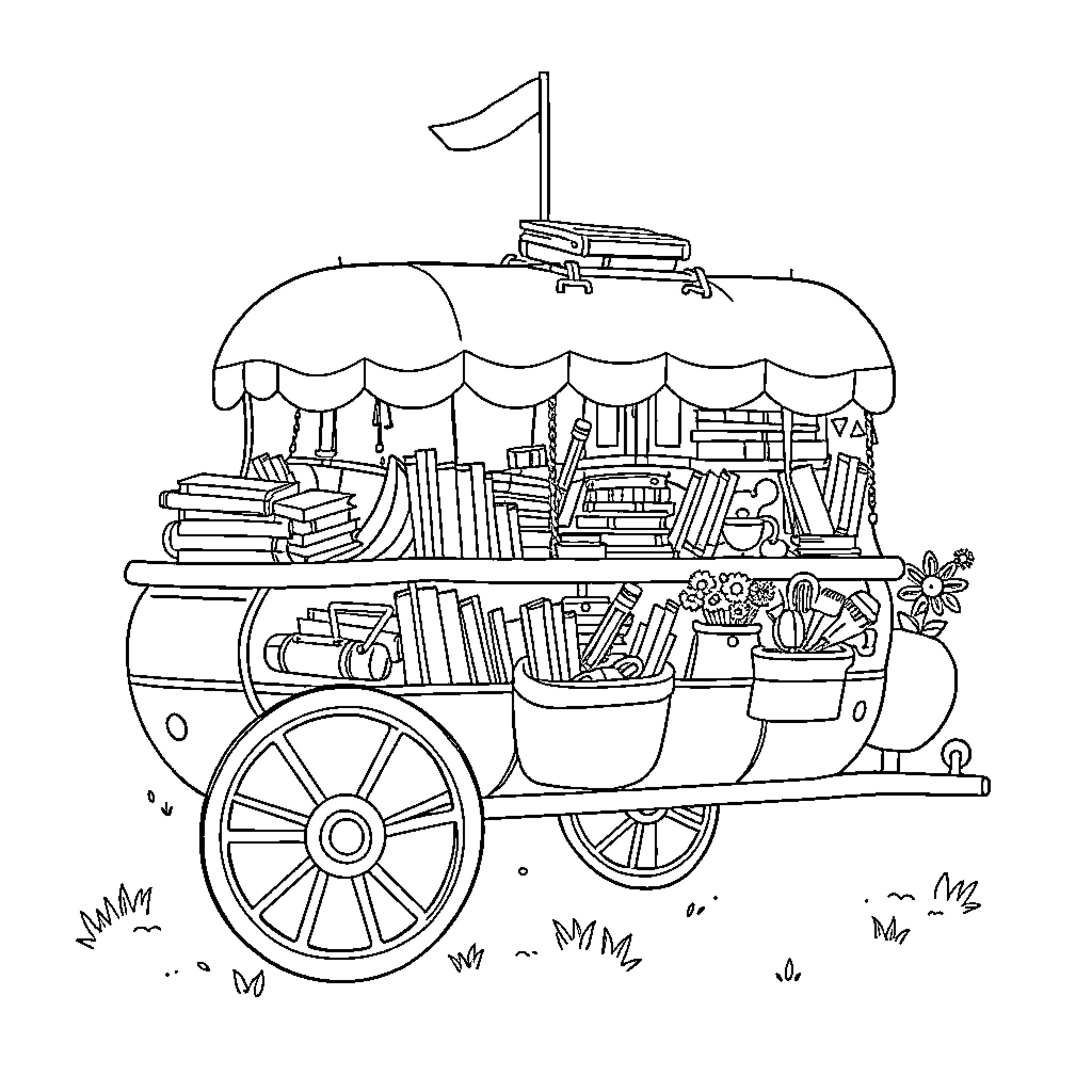 Caravan of Knowledge and Creativity on Wheels Coloring Page (free black-and-white line drawing printable PDF for all, from beginners to advanced learners, including children, teens, adults, and seniors)