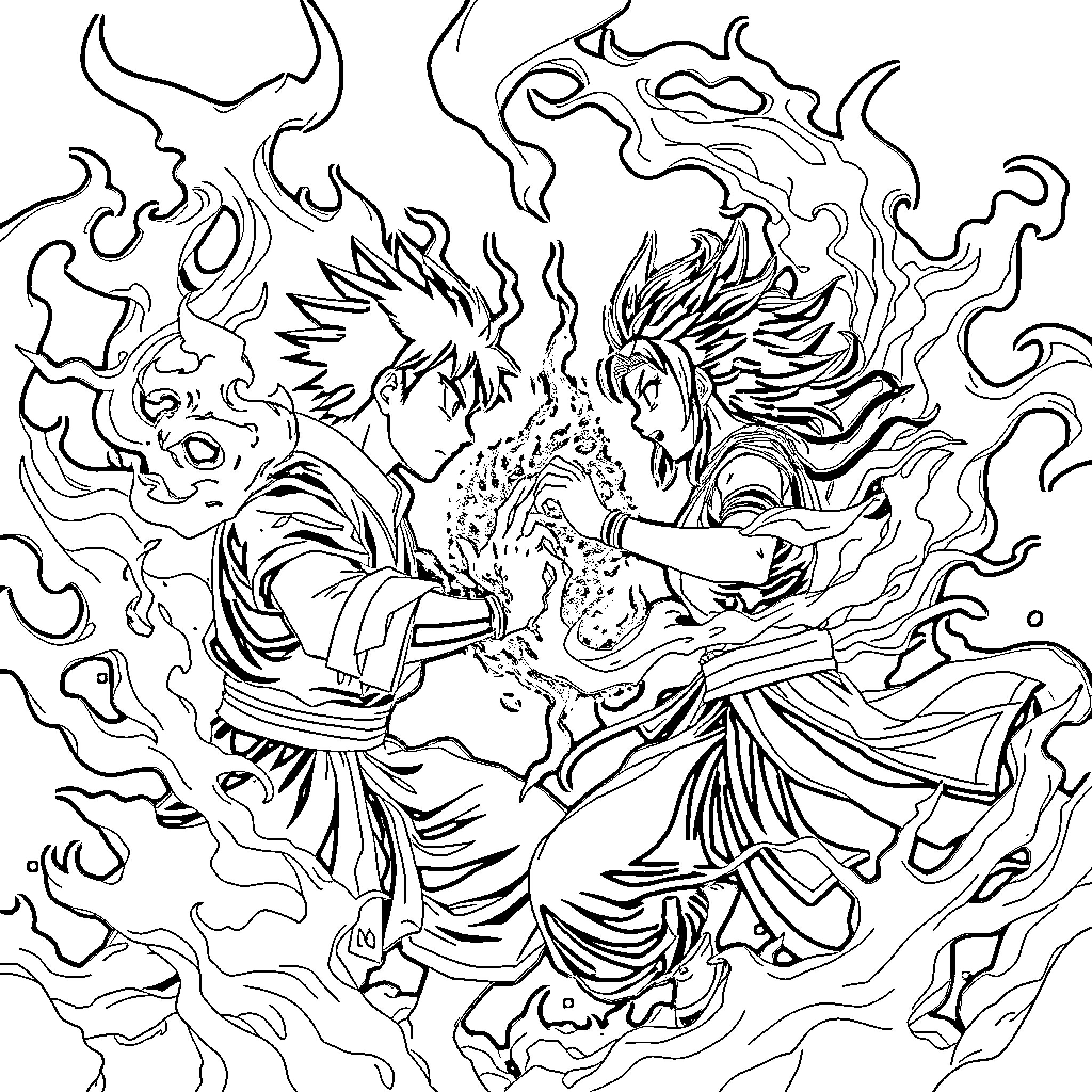 Zuko's Fiery Clash with a Formidable Foe Coloring Page (free black-and-white line drawing printable PDF for all, from beginners to advanced learners, including children, teens, adults, and seniors)
