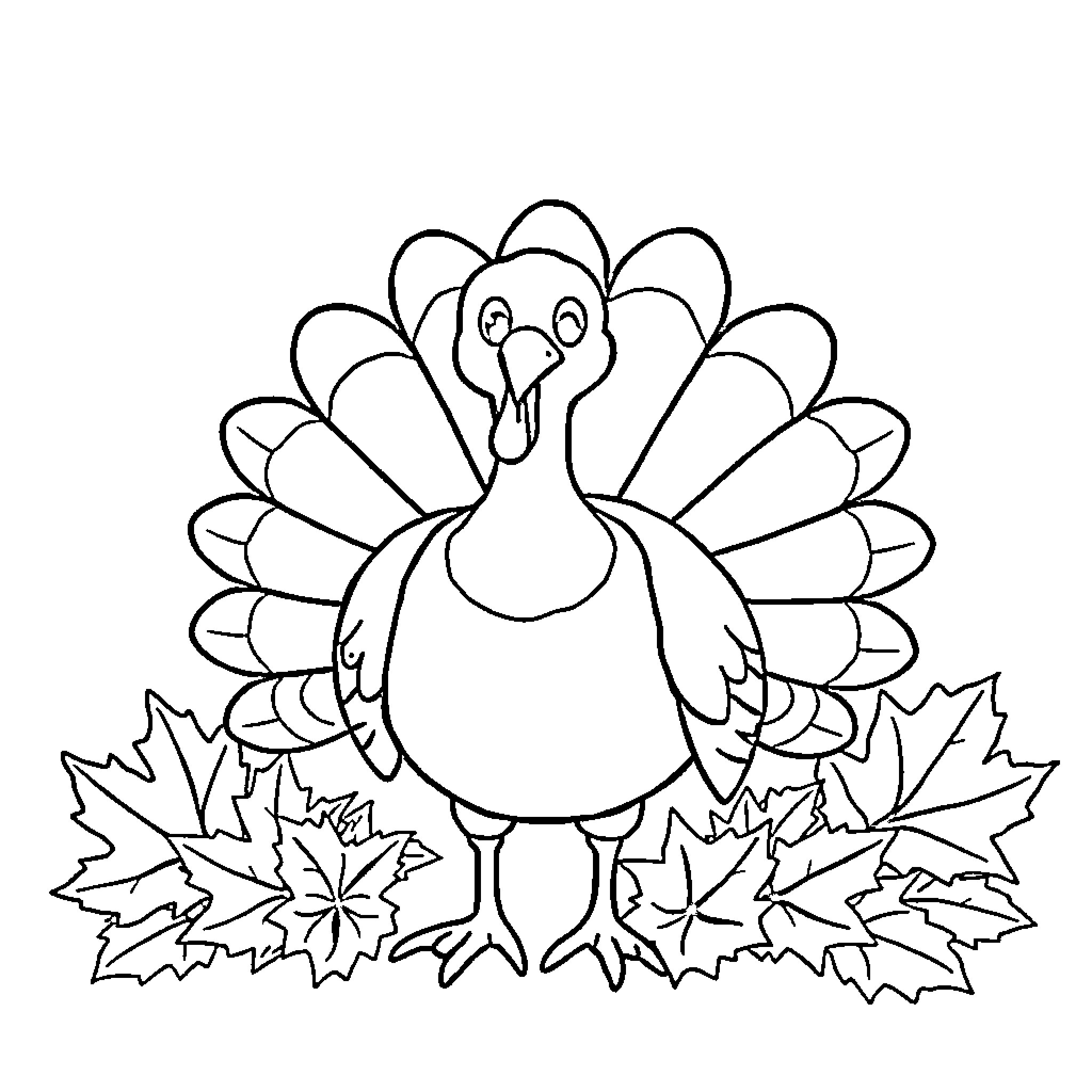 Turkey in autumn leaves field Coloring Page (free black-and-white line drawing printable PDF for all, from beginners to advanced learners, including children, teens, adults, and seniors)