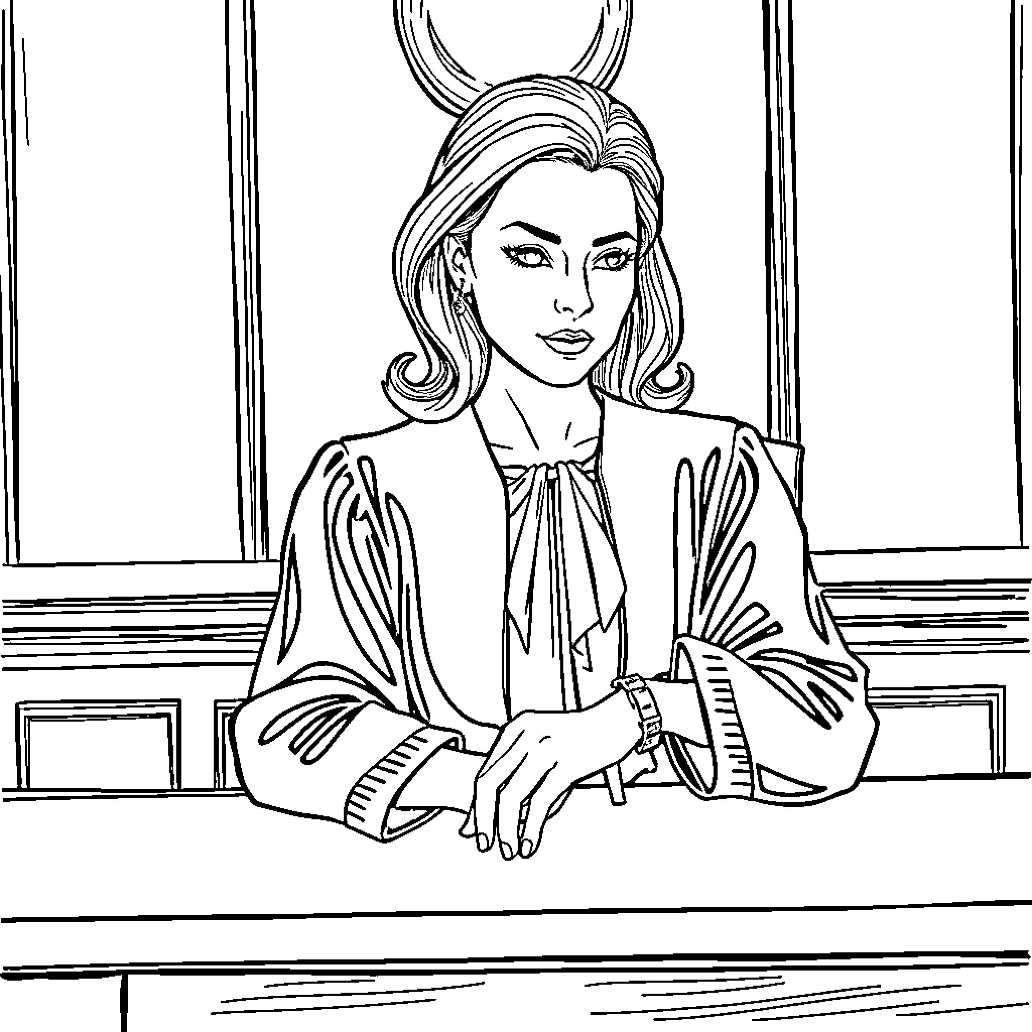 Judge making a stern expression in the courtroom Coloring Page (free black-and-white line drawing printable PDF for all, from beginners to advanced learners, including children, teens, adults, and seniors)