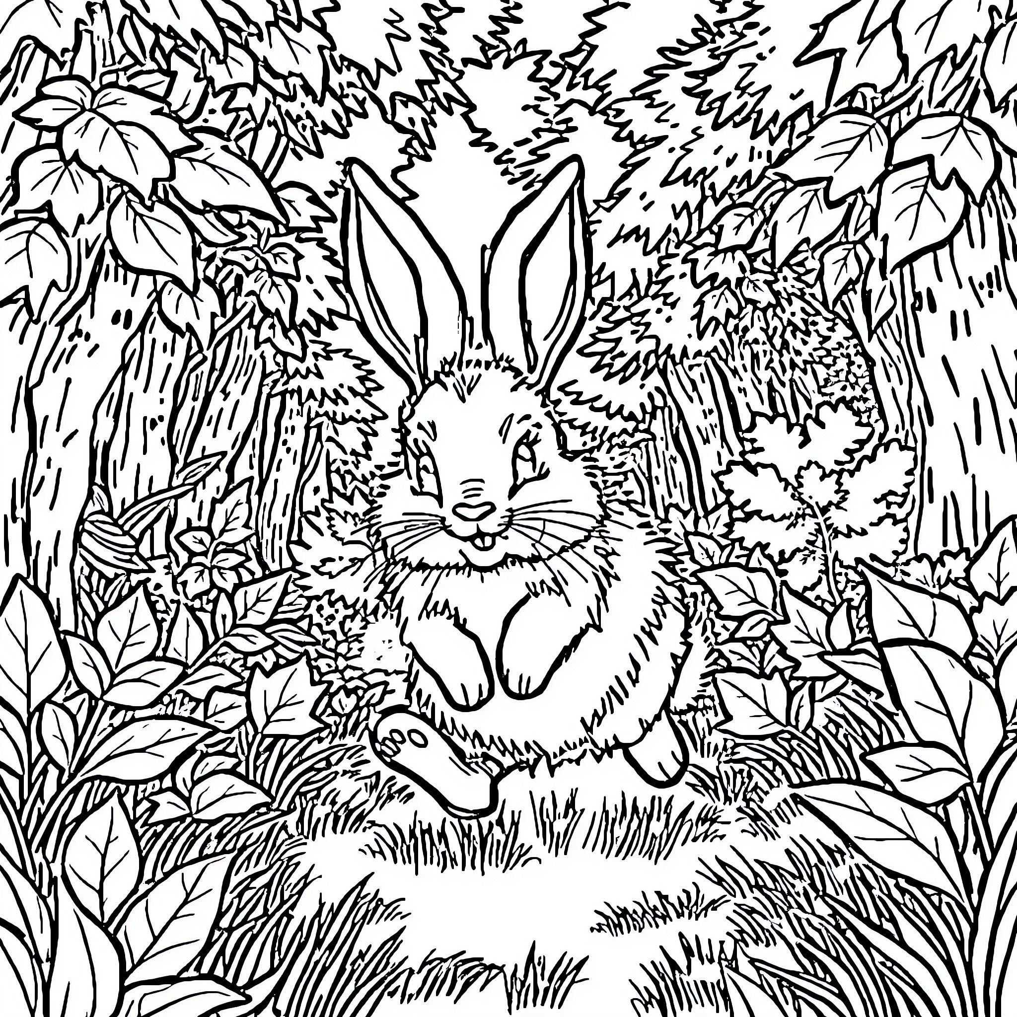 Rabbit hiding in the lush forest Coloring Page (free black-and-white line drawing printable PDF for all, from beginners to advanced learners, including children, teens, adults, and seniors)
