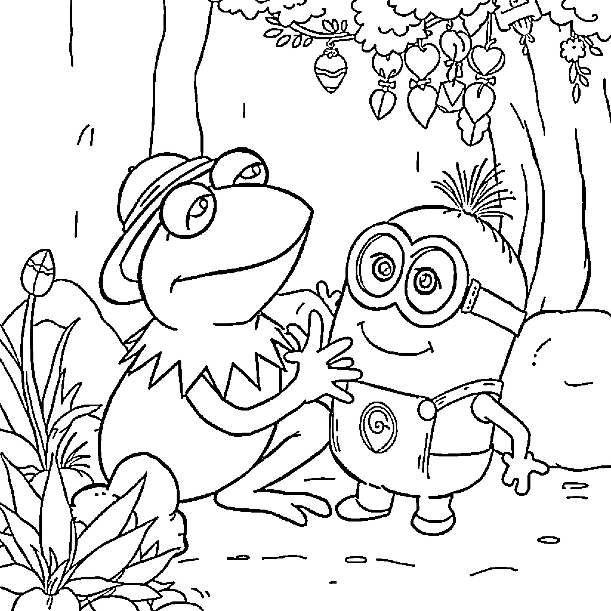 Kermit and Minion exploring the jungle Coloring Page (free black-and-white line drawing printable PDF for all, from beginners to advanced learners, including children, teens, adults, and seniors)