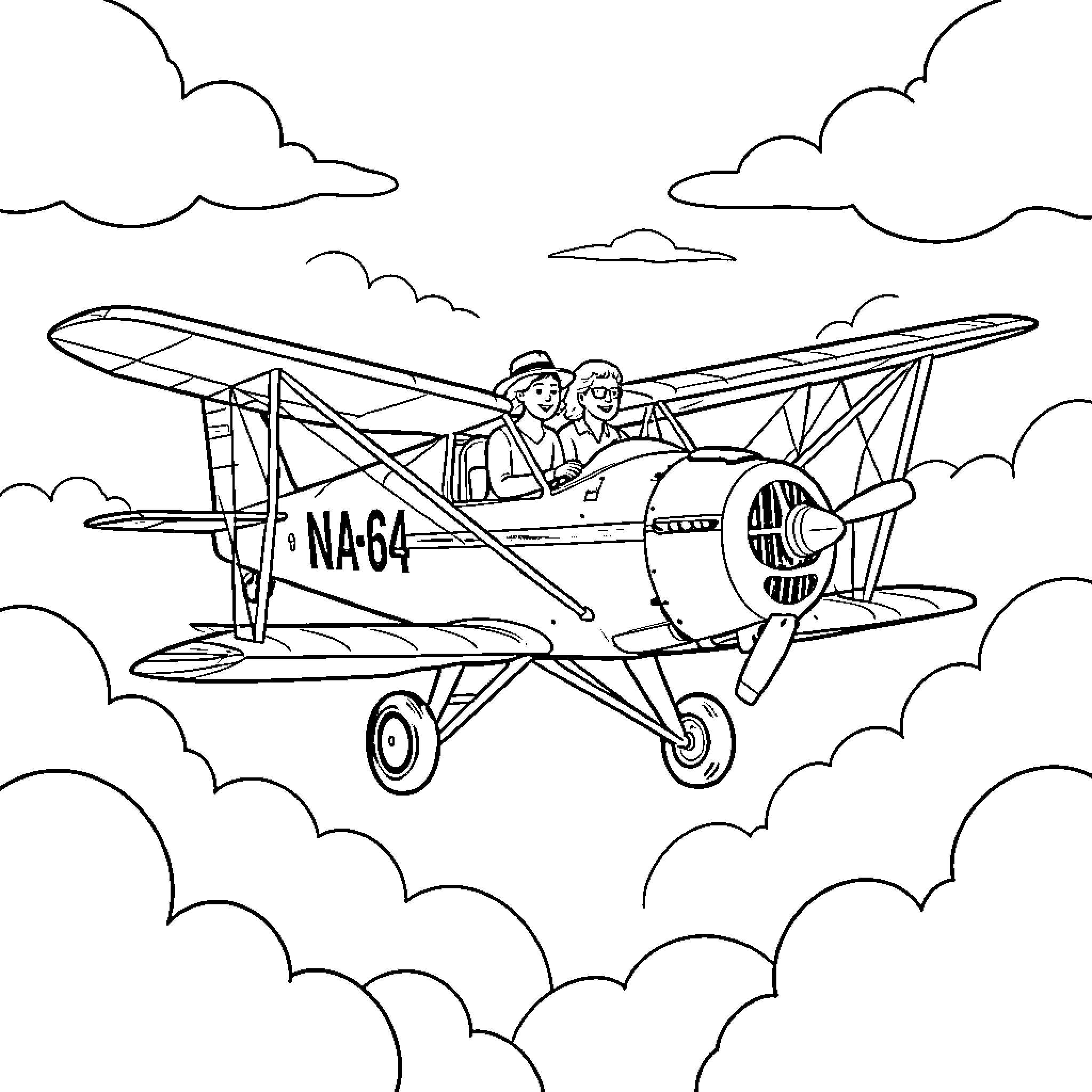 NA-64 Yale Biplane Soaring Through the Clouds Coloring Page (free black-and-white line drawing printable PDF for all, from beginners to advanced learners, including children, teens, adults, and seniors)