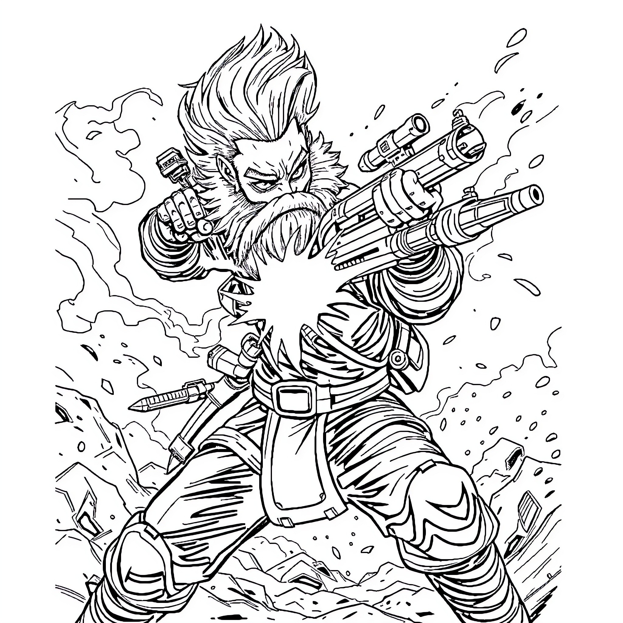 Wukong the Warrior's Explosive Fury Coloring Page (free black-and-white line drawing printable PDF for all, from beginners to advanced learners, including children, teens, adults, and seniors)