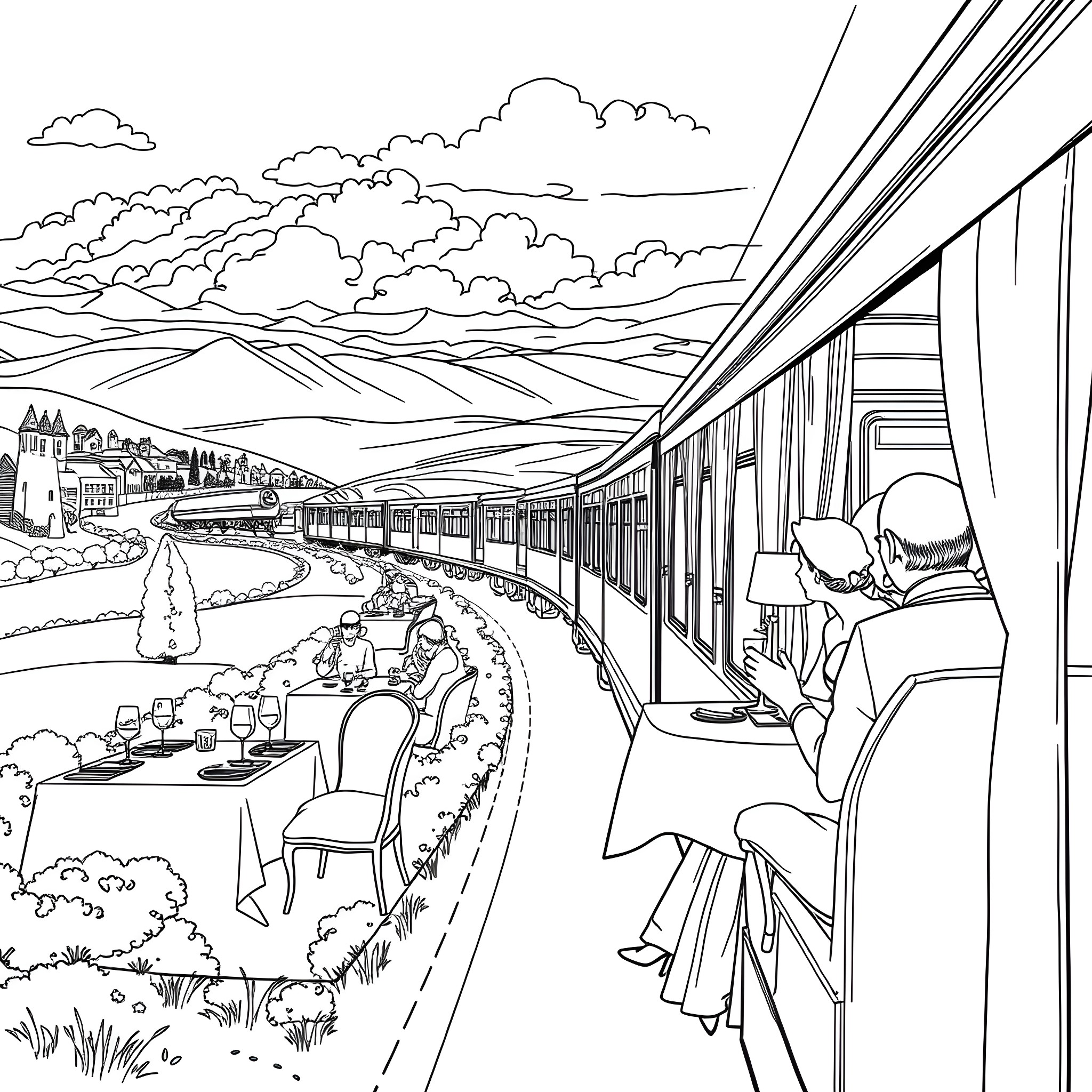Train passengers enjoying scenic landscape through the window Coloring Page (free black-and-white line drawing printable PDF for all, from beginners to advanced learners, including children, teens, adults, and seniors)