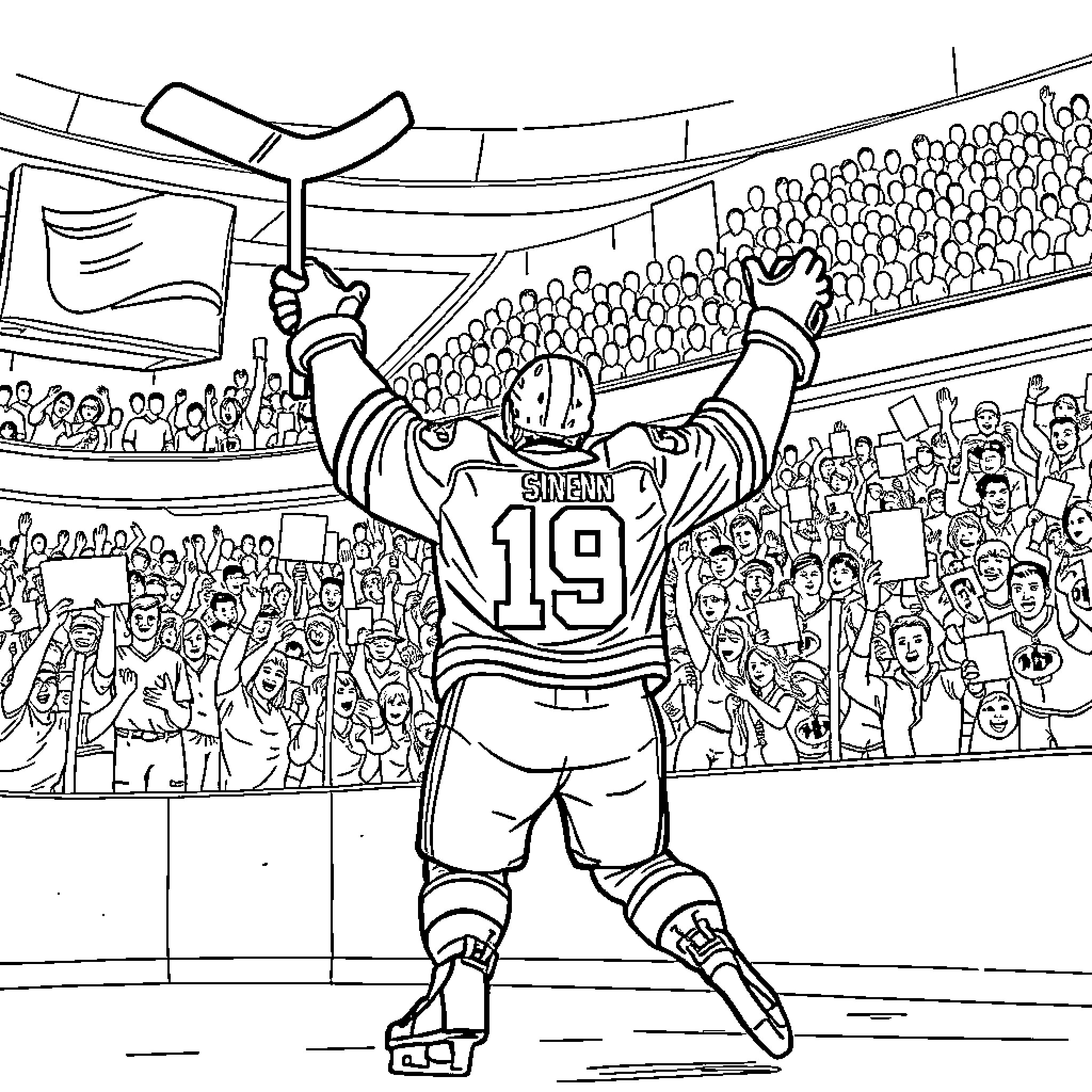Hockey Player Celebrating Victory in Stadium Coloring Page (free black-and-white line drawing printable PDF for all, from beginners to advanced learners, including children, teens, adults, and seniors)