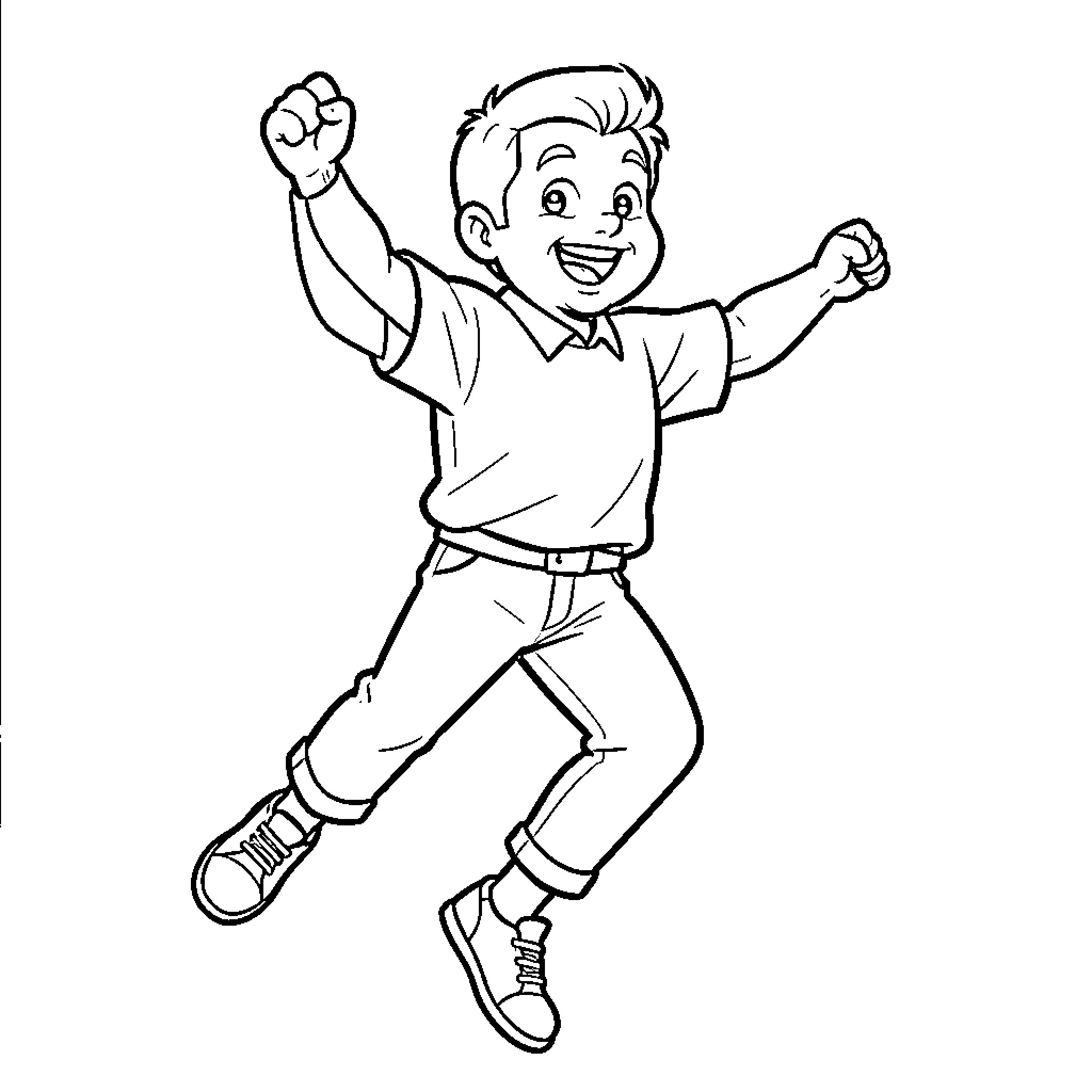Buzz l'Éclair jumping joyfully with arms raised Coloring Page (free black-and-white line drawing printable PDF for all, from beginners to advanced learners, including children, teens, adults, and seniors)