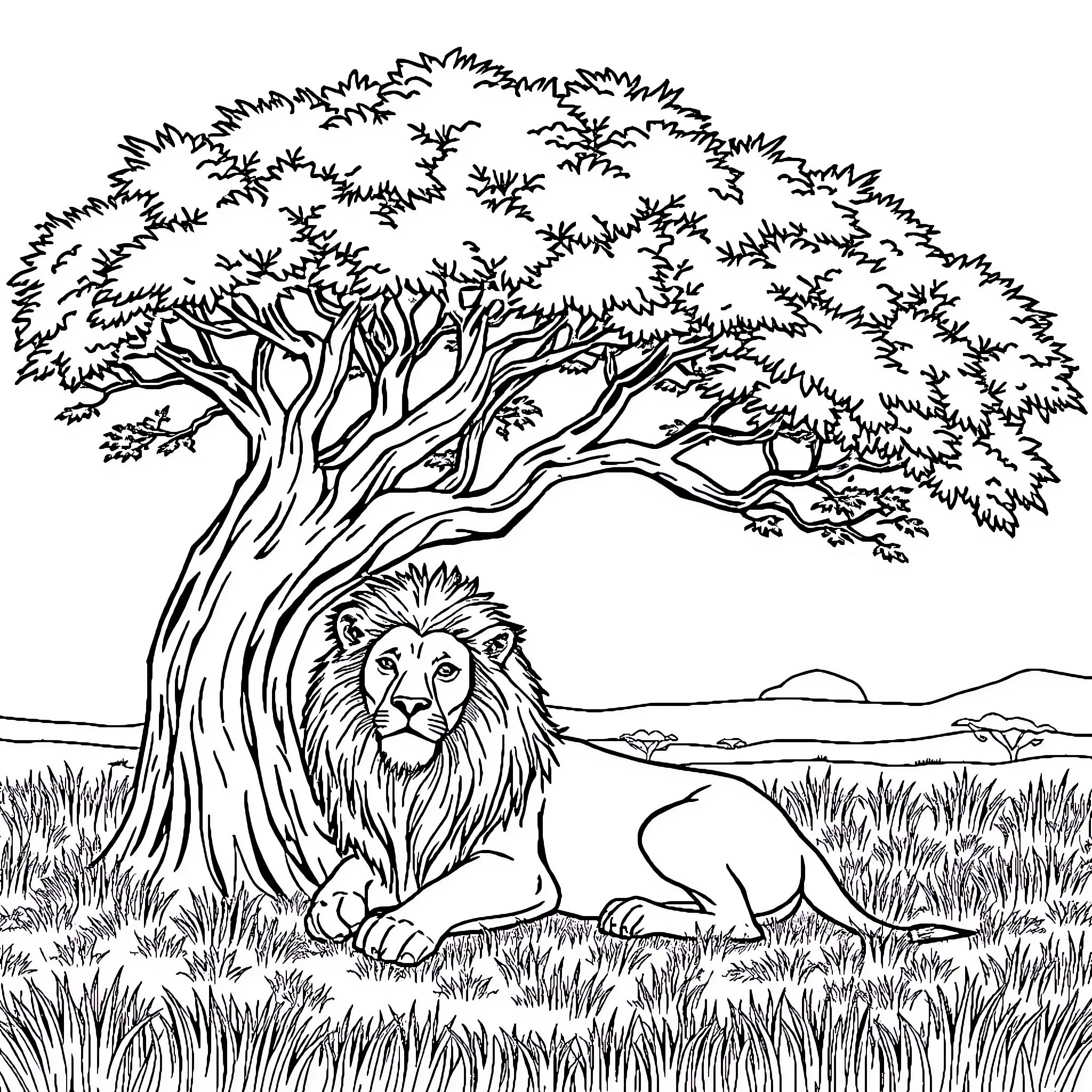 Lion resting calmly under the majestic tree Coloring Page (free black-and-white line drawing printable PDF for all, from beginners to advanced learners, including children, teens, adults, and seniors)