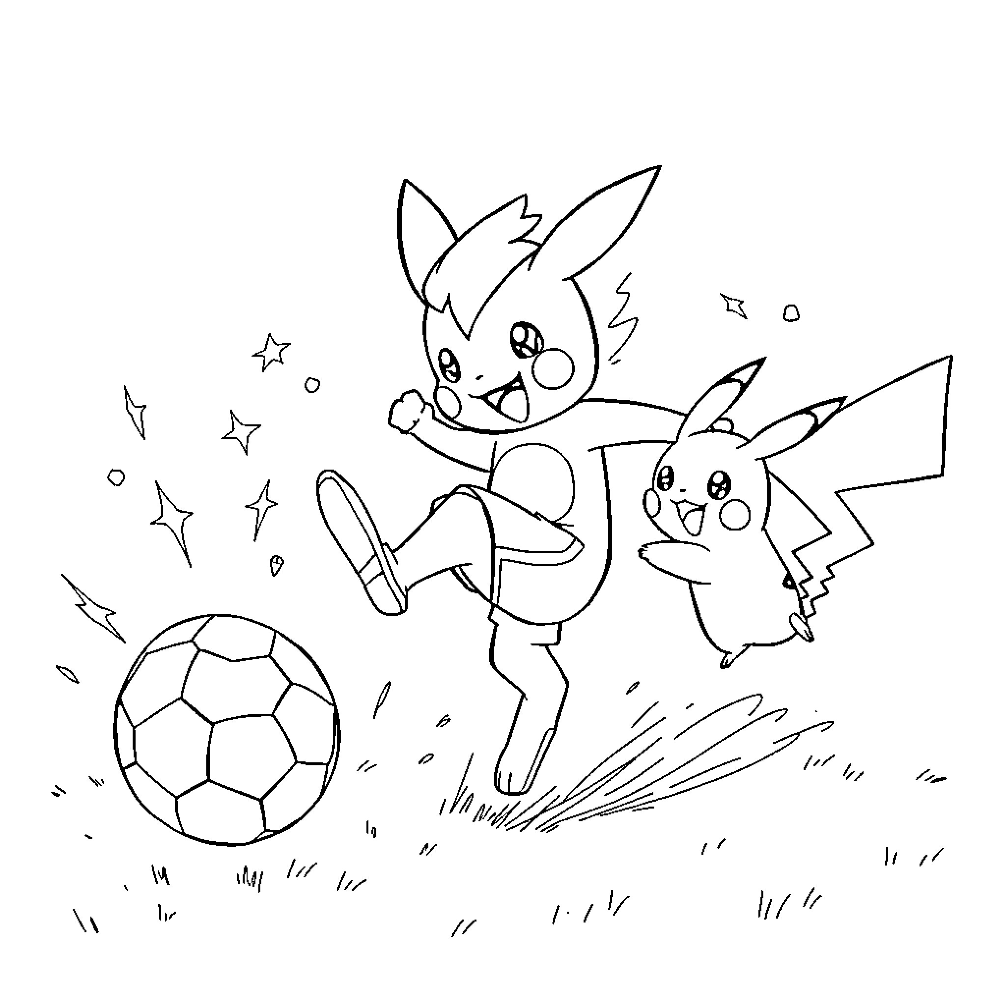 Tyrunt playing football with Pikachu in field Coloring Page (free black-and-white line drawing printable PDF for all, from beginners to advanced learners, including children, teens, adults, and seniors)