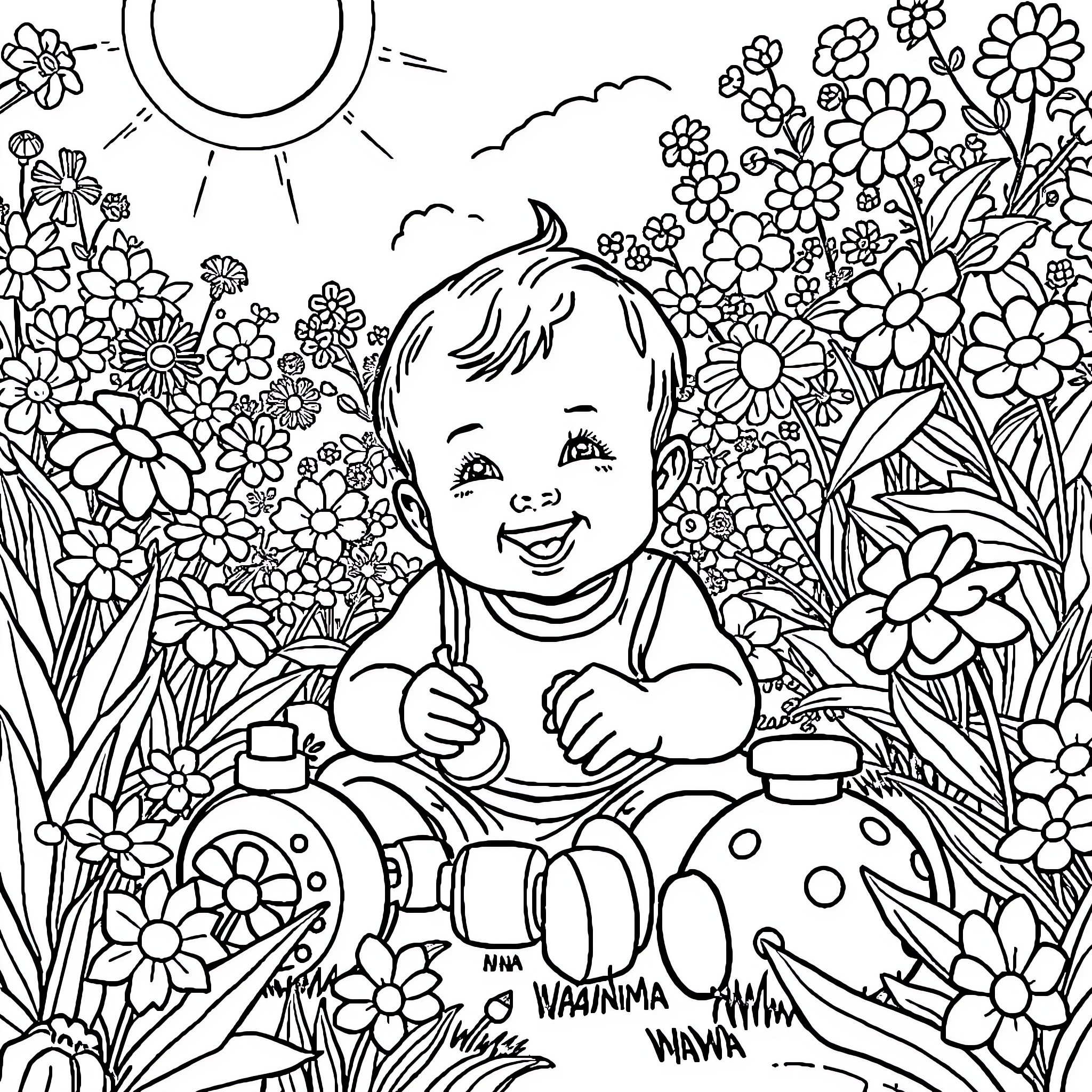 Baby playing happily in a flower-filled garden Coloring Page (free black-and-white line drawing printable PDF for all, from beginners to advanced learners, including children, teens, adults, and seniors)